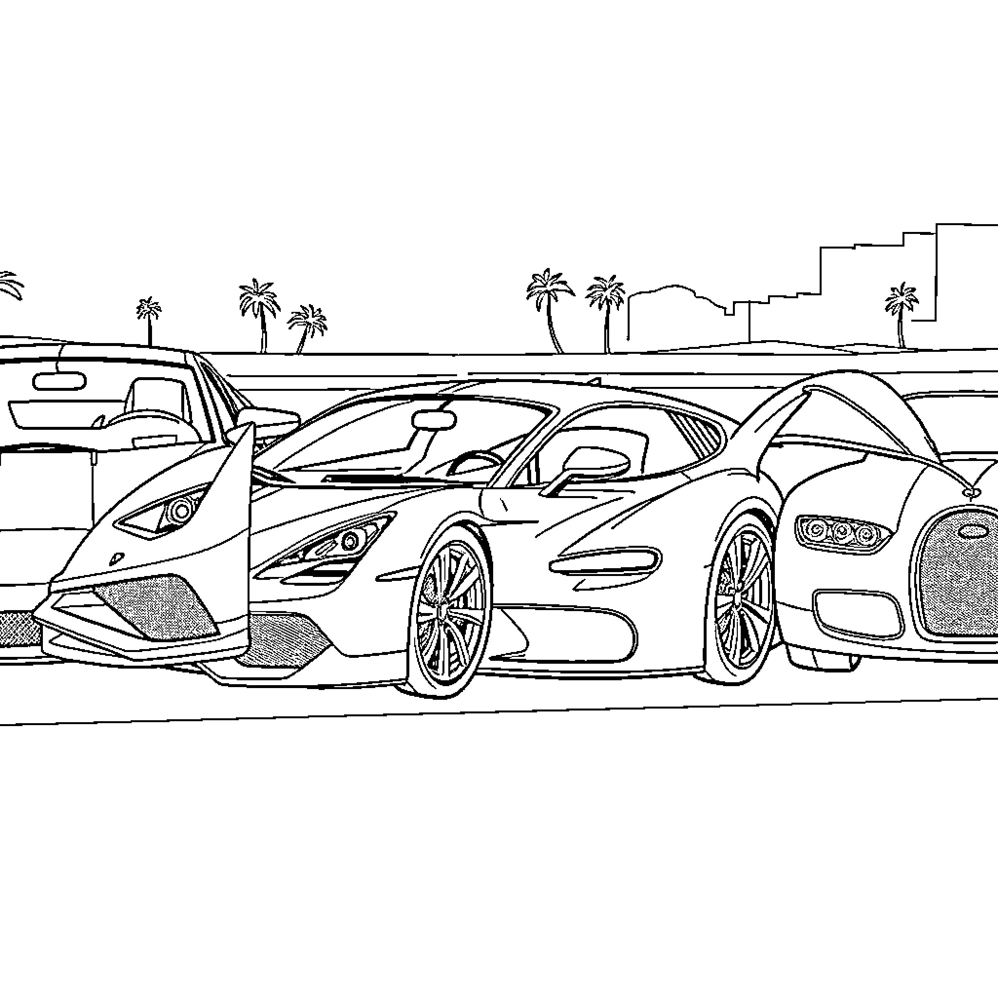 Supercar racers on a sunny urban highway Coloring Page (free black-and-white line drawing printable PDF for all, from beginners to advanced learners, including children, teens, adults, and seniors)