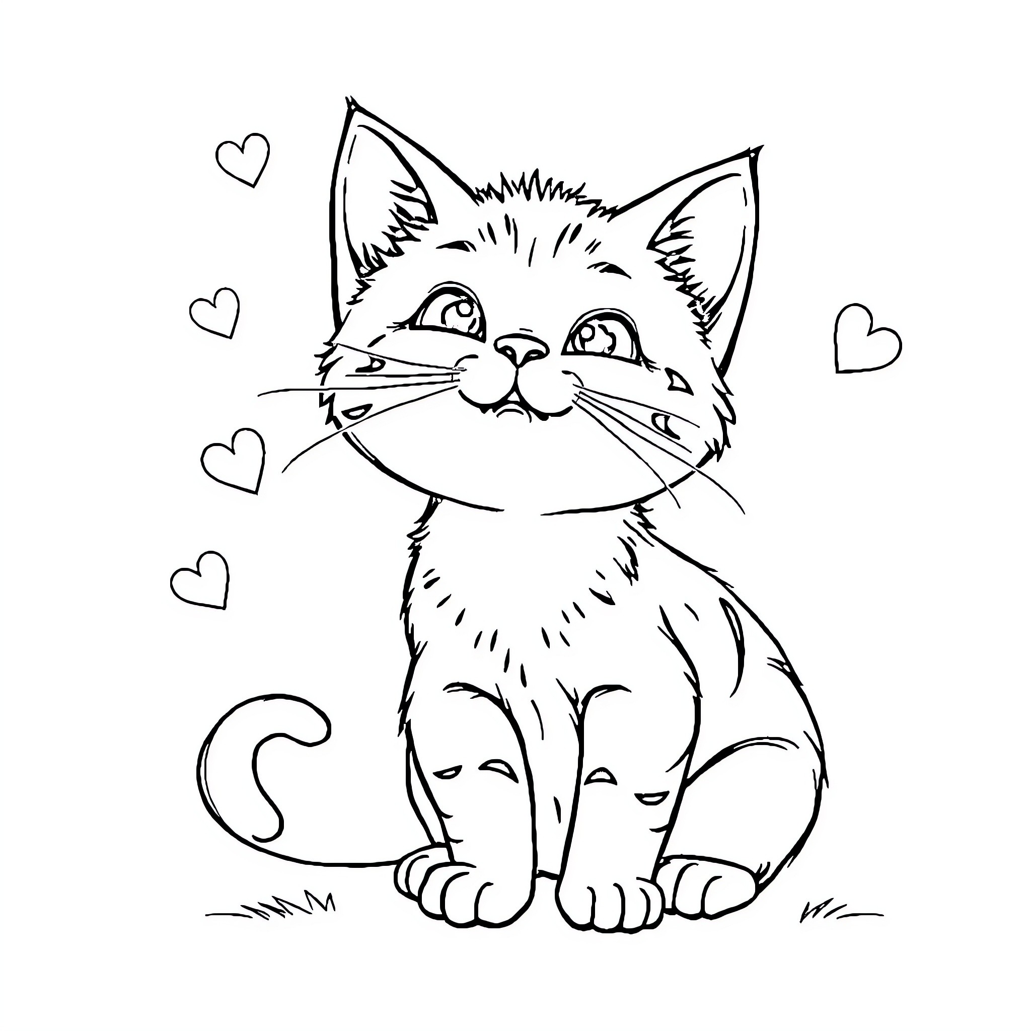 Cat lovingly gazing with hearts Coloring Page (free black-and-white line drawing printable PDF for all, from beginners to advanced learners, including children, teens, adults, and seniors)