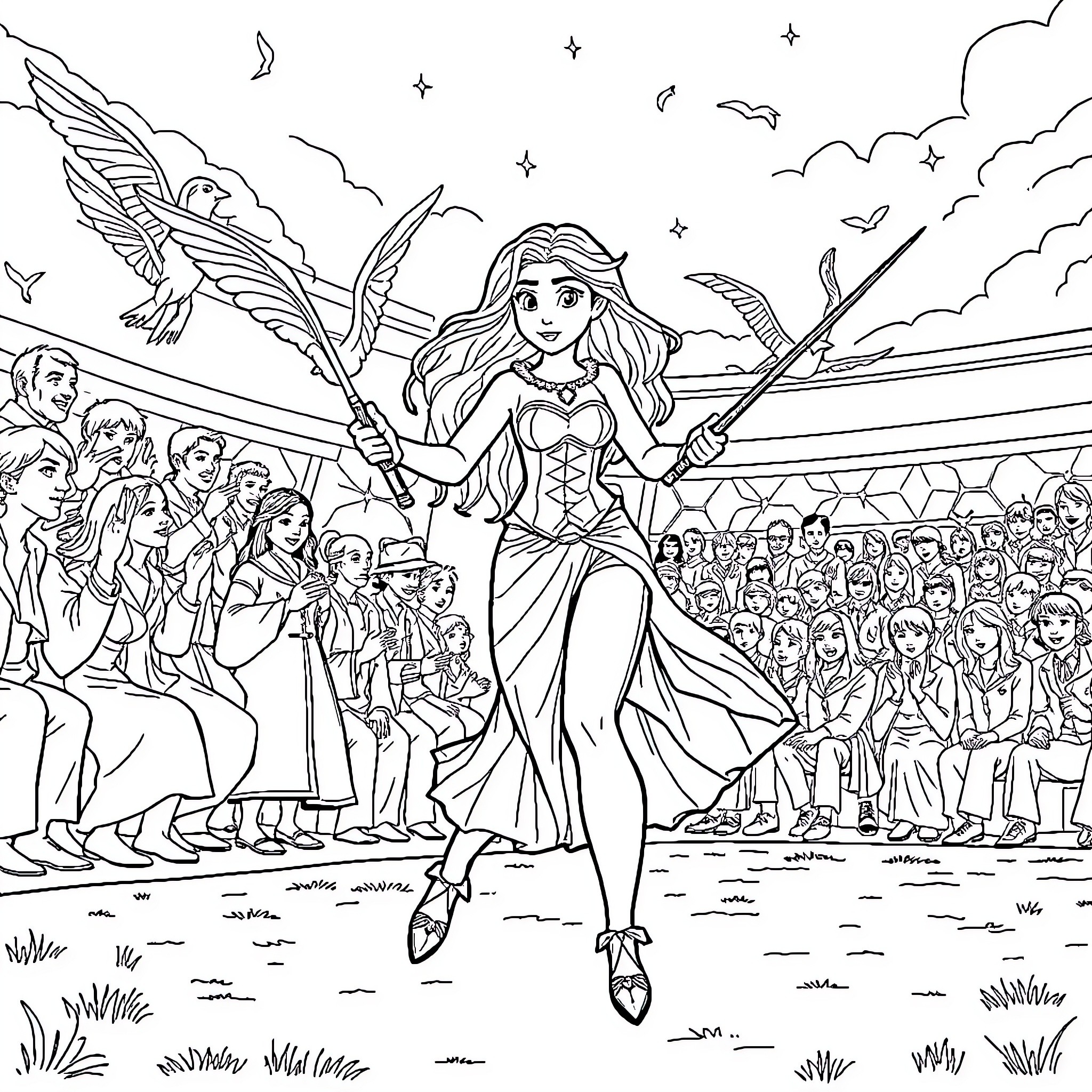 Vaiana's heroic stance amidst a cheering crowd Coloring Page (free black-and-white line drawing printable PDF for all, from beginners to advanced learners, including children, teens, adults, and seniors)