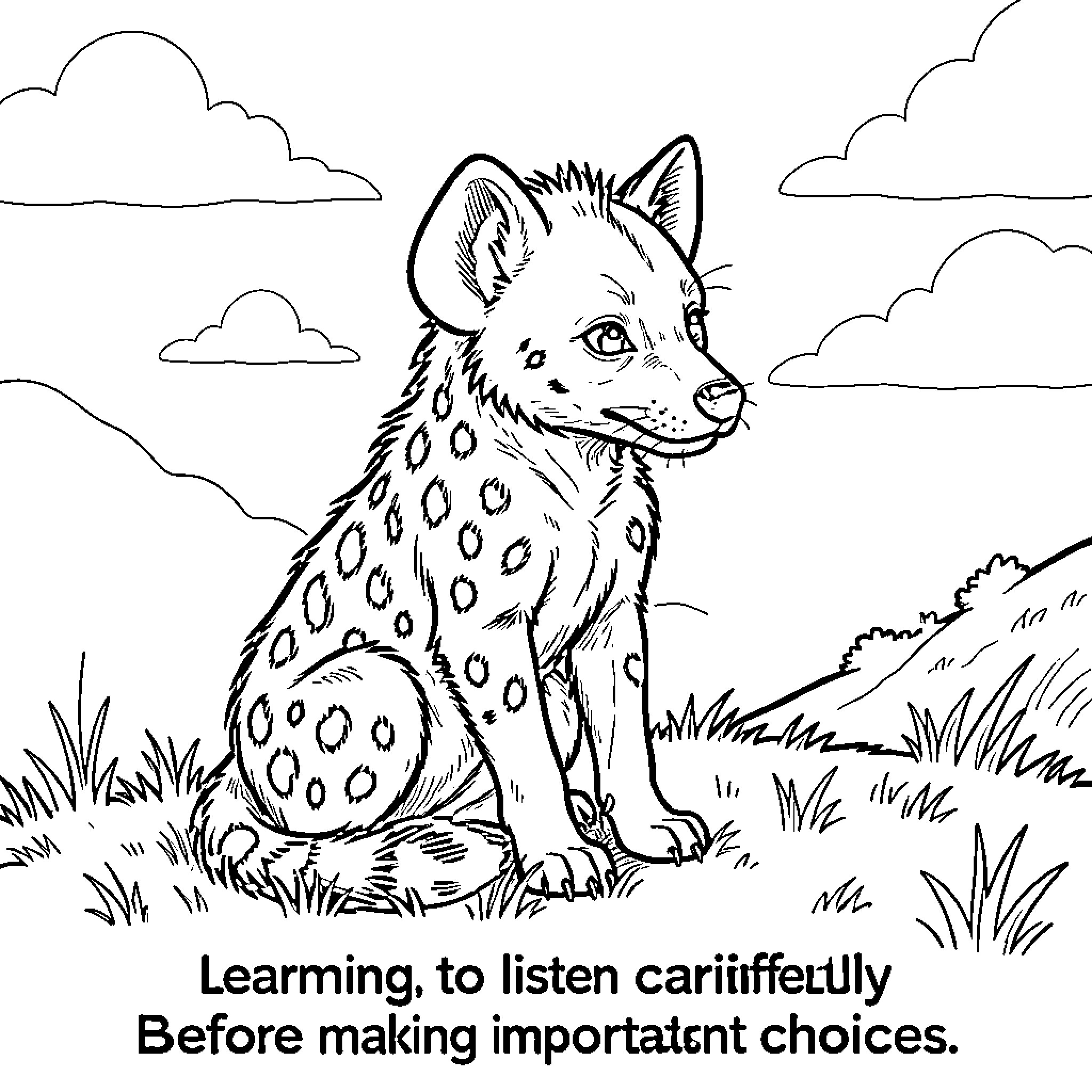 Hyena sitting calmly in a grassy landscape Coloring Page (free black-and-white line drawing printable PDF for all, from beginners to advanced learners, including children, teens, adults, and seniors)