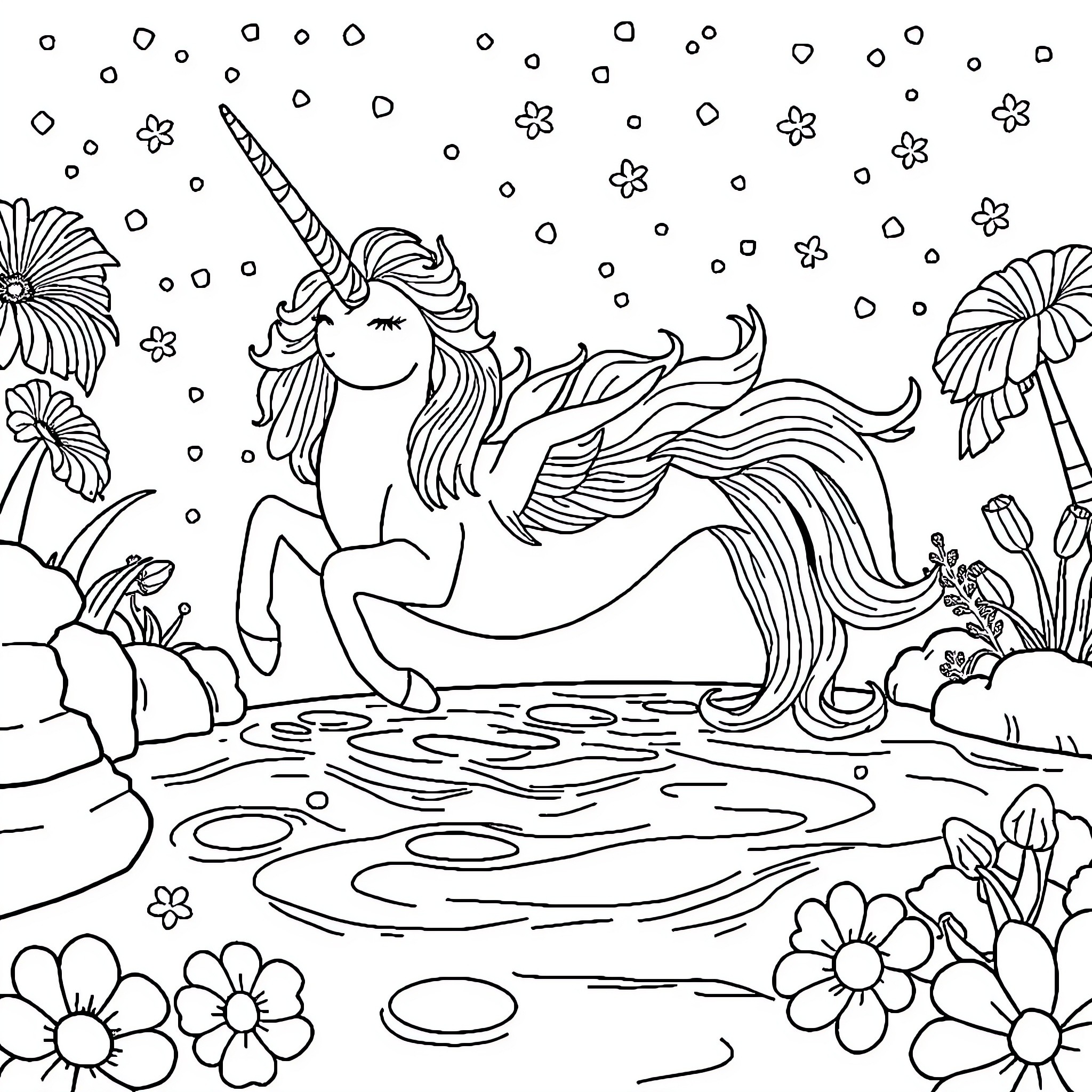 Unicorn swimming joyfully in a magical pond Coloring Page (free black-and-white line drawing printable PDF for all, from beginners to advanced learners, including children, teens, adults, and seniors)