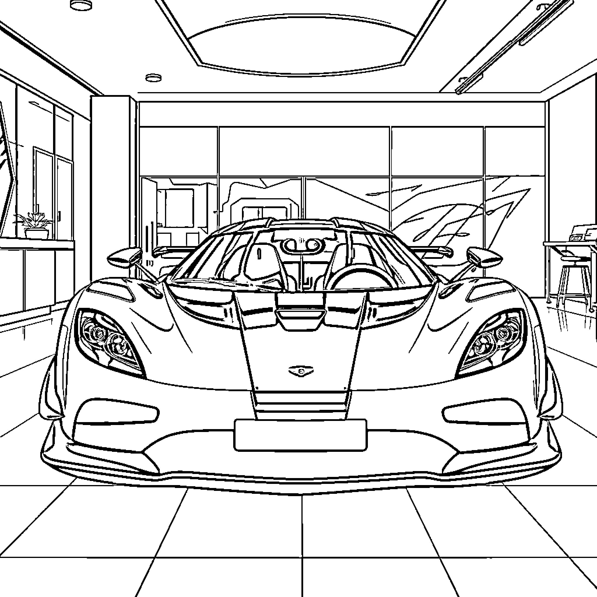 Koenigsegg supercar on display in modern showroom Coloring Page (free black-and-white line drawing printable PDF for all, from beginners to advanced learners, including children, teens, adults, and seniors)
