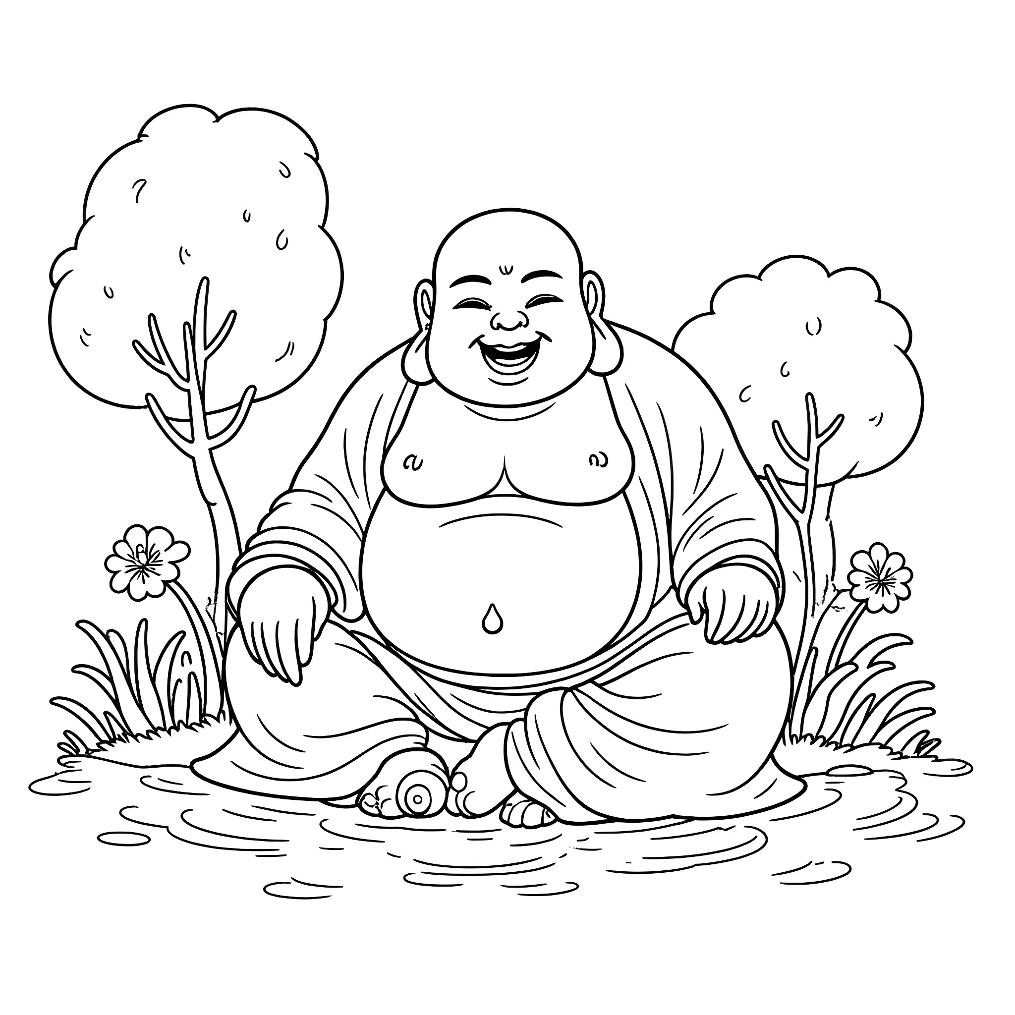 Buddha sitting peacefully in a serene nature setting Coloring Page (free black-and-white line drawing printable PDF for all, from beginners to advanced learners, including children, teens, adults, and seniors)