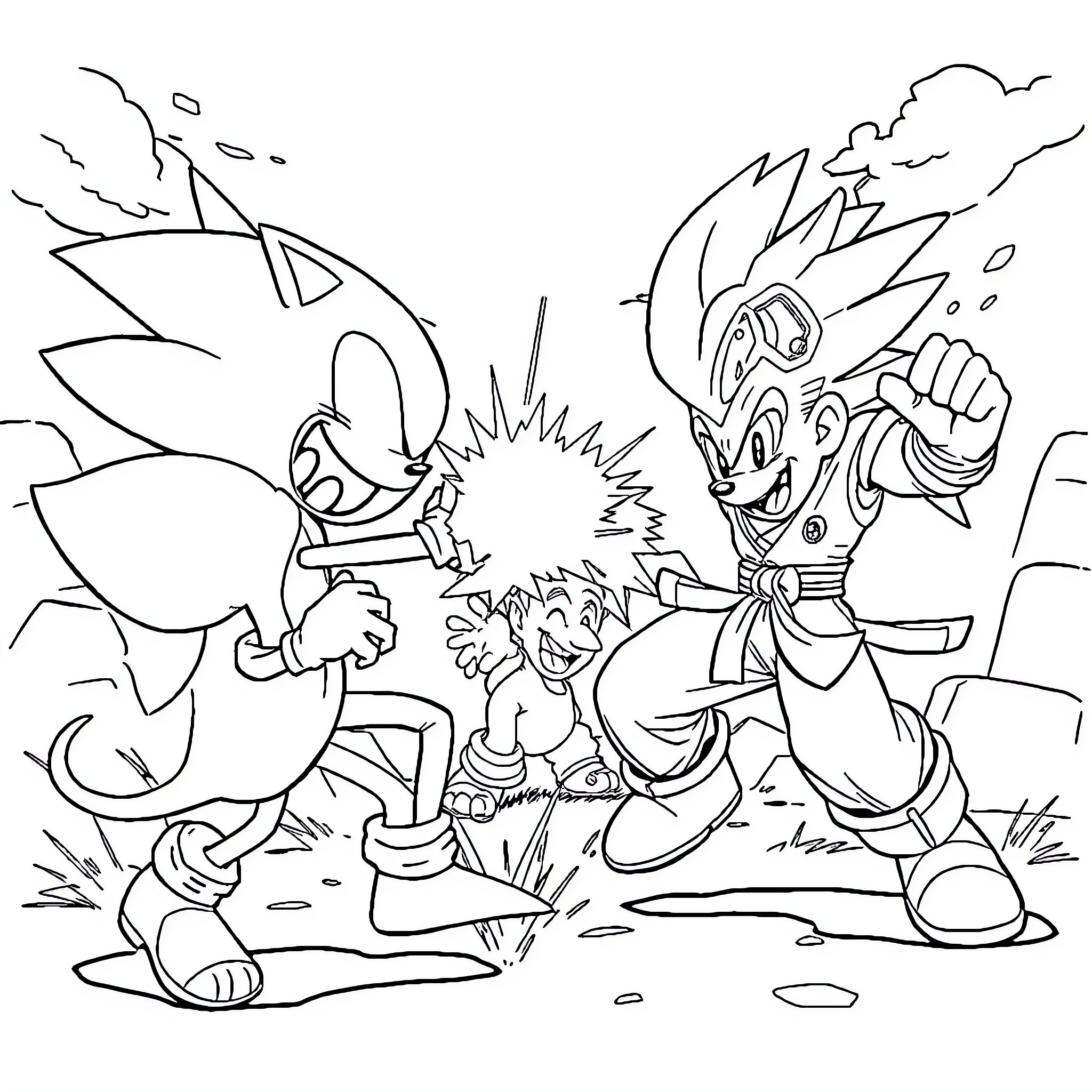 Fighter heroes clash in epic battle Coloring Page (free black-and-white line drawing printable PDF for all, from beginners to advanced learners, including children, teens, adults, and seniors)