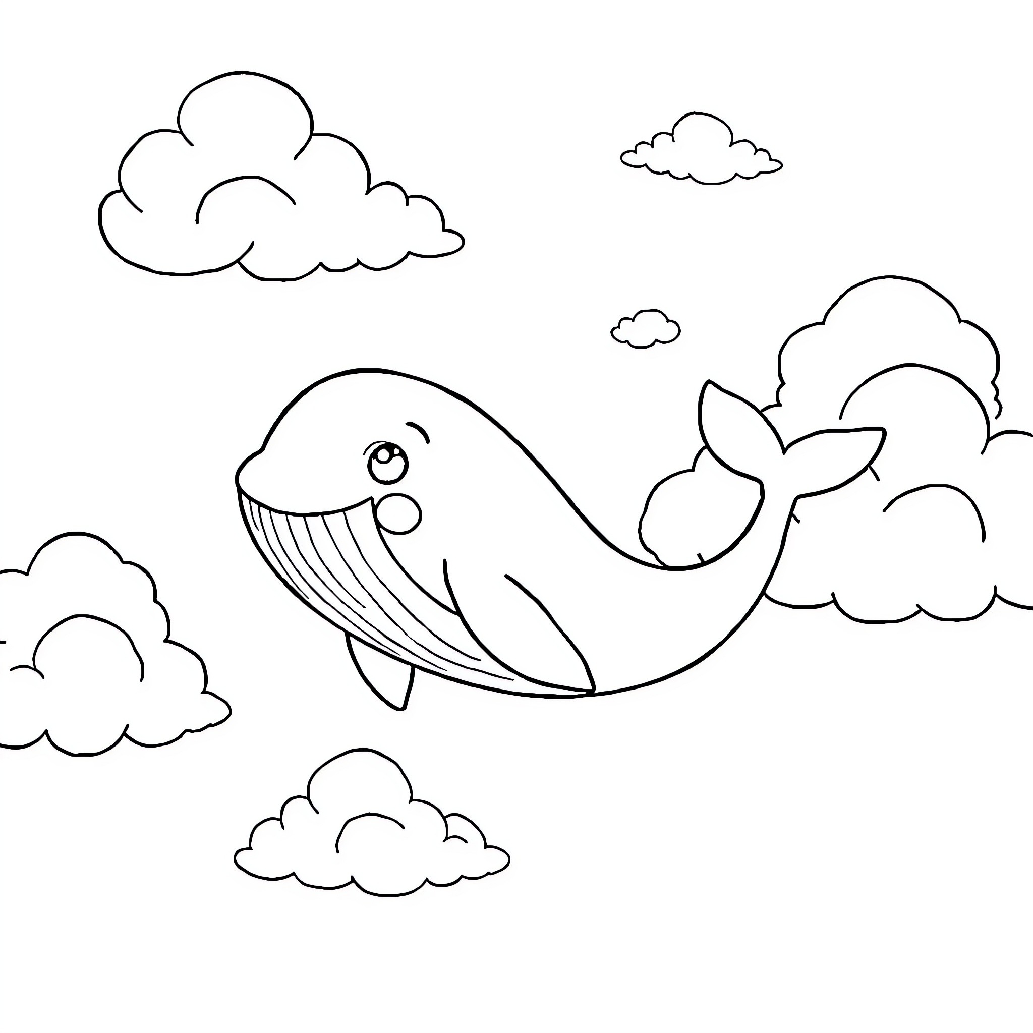 Whale swimming among clouds in the sky Coloring Page (free black-and-white line drawing printable PDF for all, from beginners to advanced learners, including children, teens, adults, and seniors)