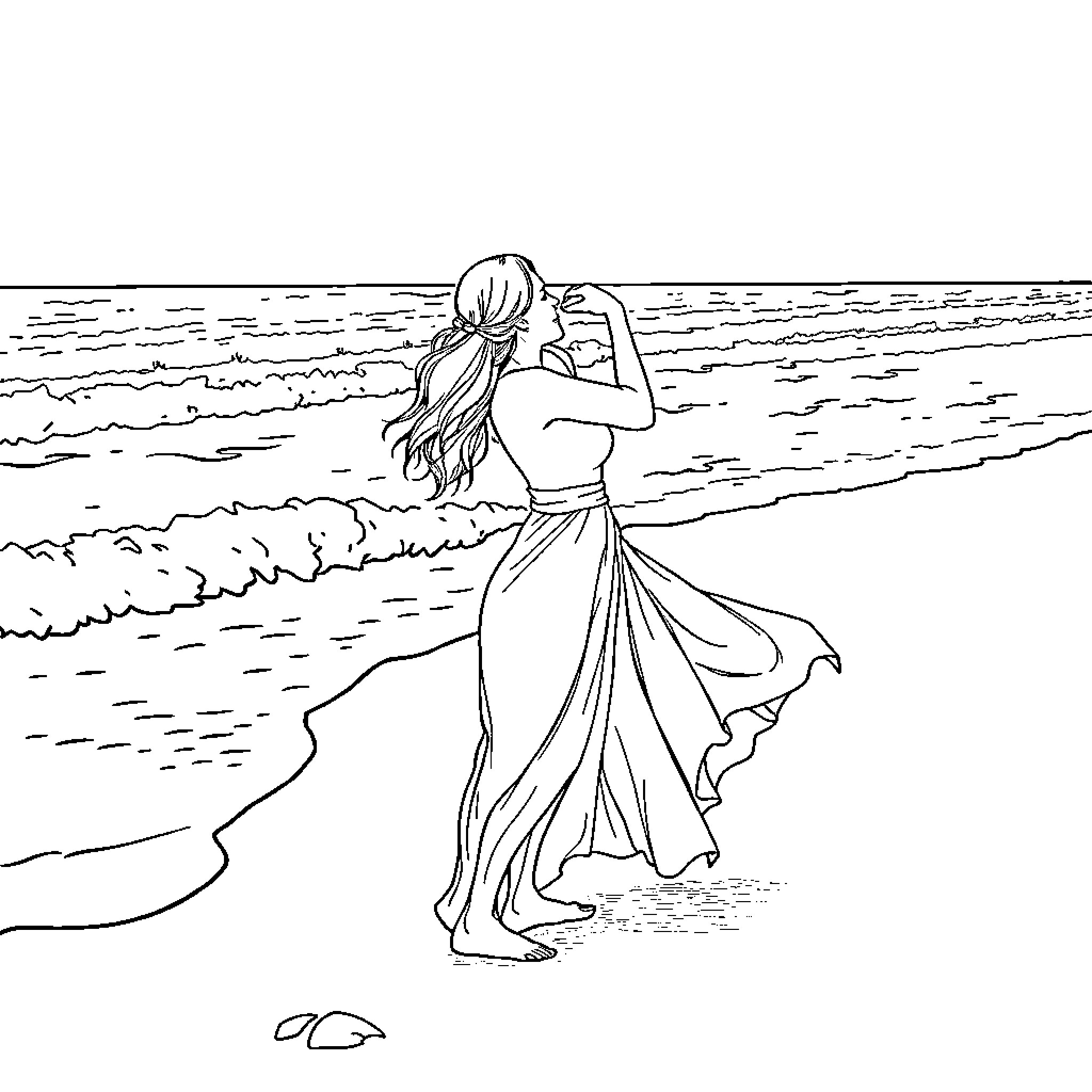 Beach scene of woman enjoying the ocean view Coloring Page (free black-and-white line drawing printable PDF for all, from beginners to advanced learners, including children, teens, adults, and seniors)