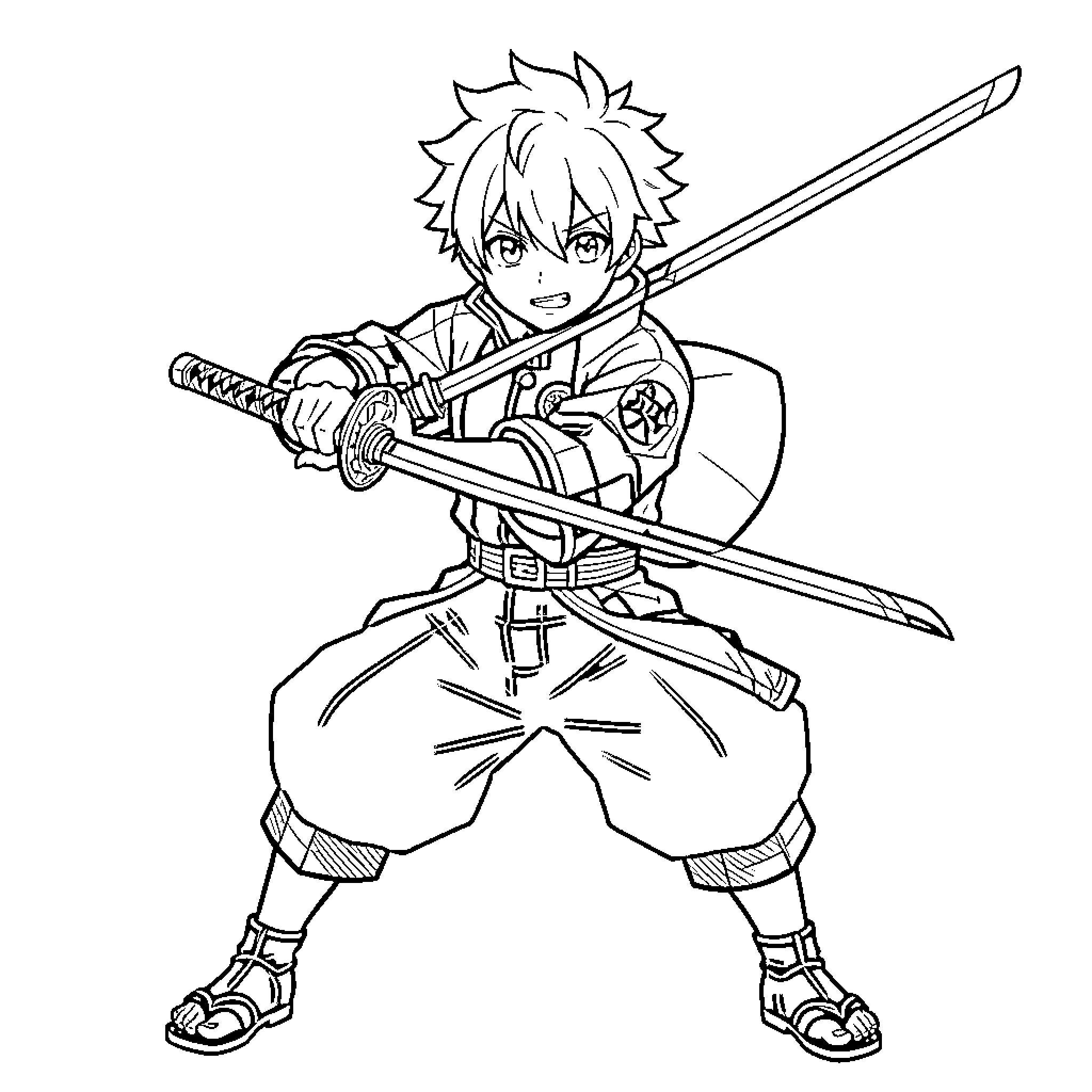Zenitsu wielding two swords in a combat stance Coloring Page (free black-and-white line drawing printable PDF for all, from beginners to advanced learners, including children, teens, adults, and seniors)