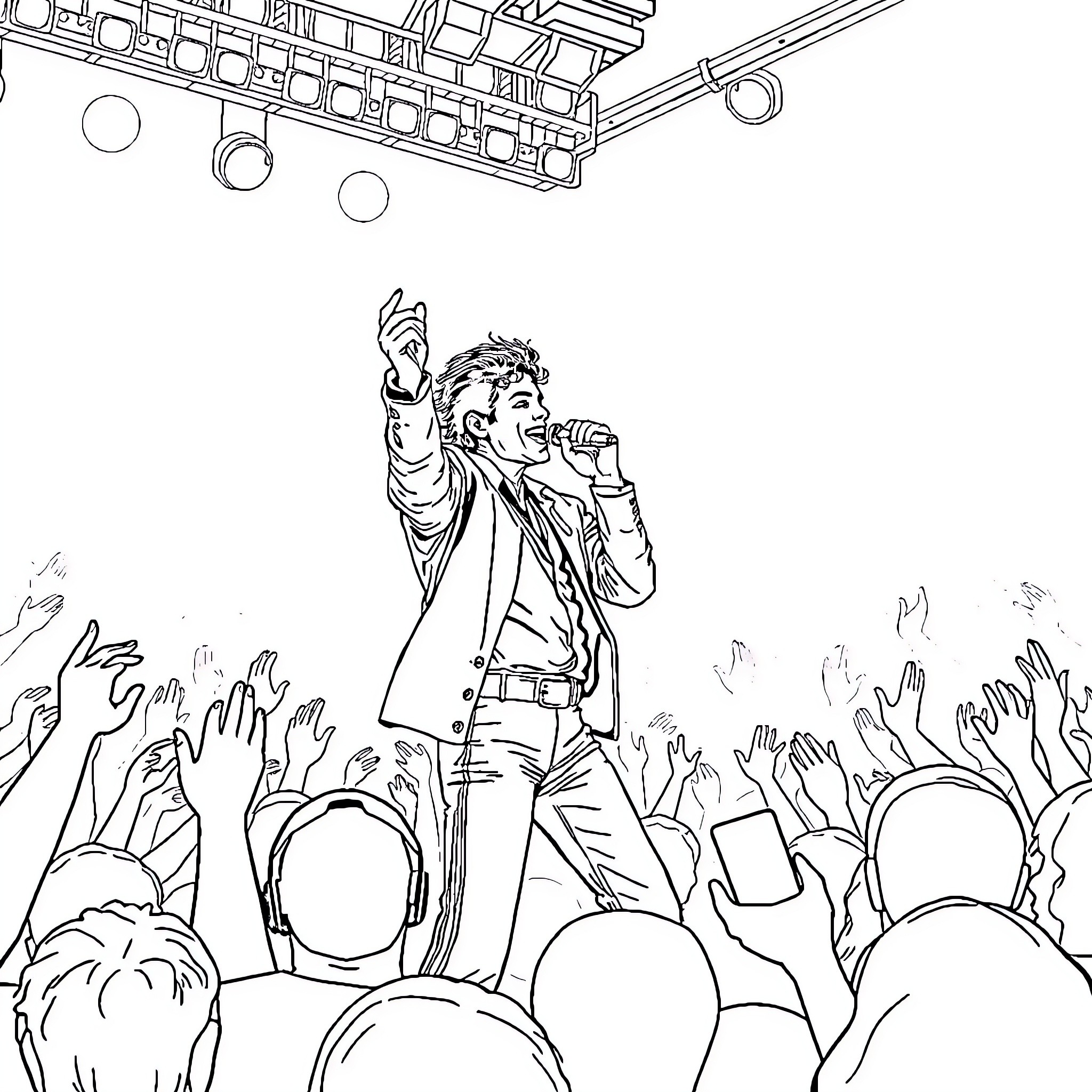 Michael Jackson entertaining energetic crowd on stage Coloring Page (free black-and-white line drawing printable PDF for all, from beginners to advanced learners, including children, teens, adults, and seniors)