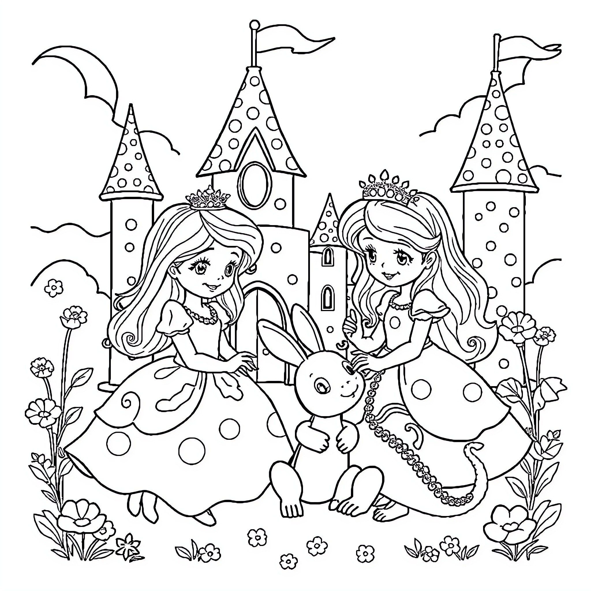 Princess Enjoying a Playful Castle Scene Coloring Page (free black-and-white line drawing printable PDF for all, from beginners to advanced learners, including children, teens, adults, and seniors)