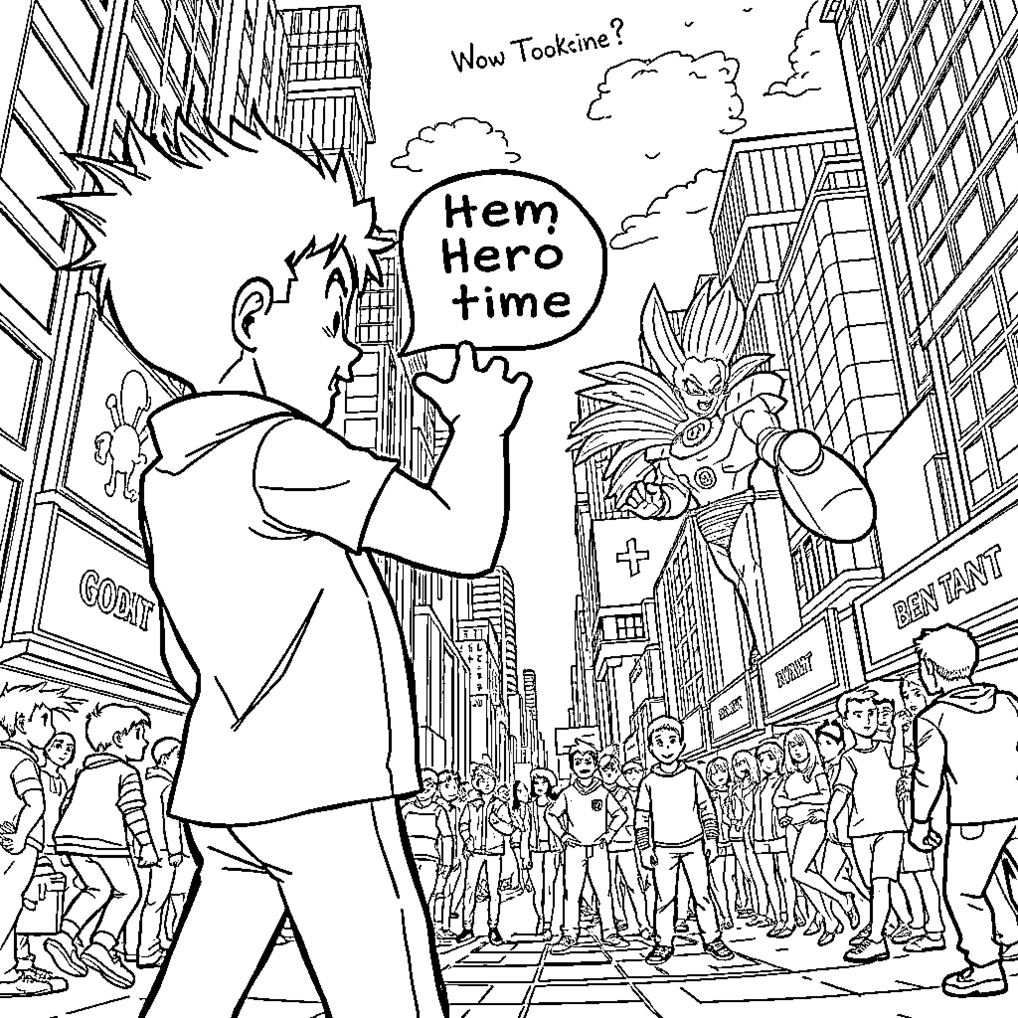 Ben 10 takes on an adventure in the bustling city Coloring Page (free black-and-white line drawing printable PDF for all, from beginners to advanced learners, including children, teens, adults, and seniors)
