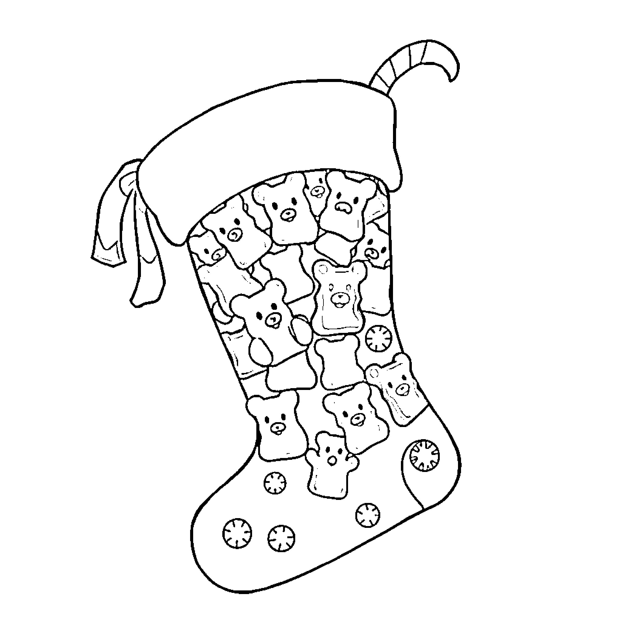 Stocking filled with festive characters Coloring Page (free black-and-white line drawing printable PDF for all, from beginners to advanced learners, including children, teens, adults, and seniors)