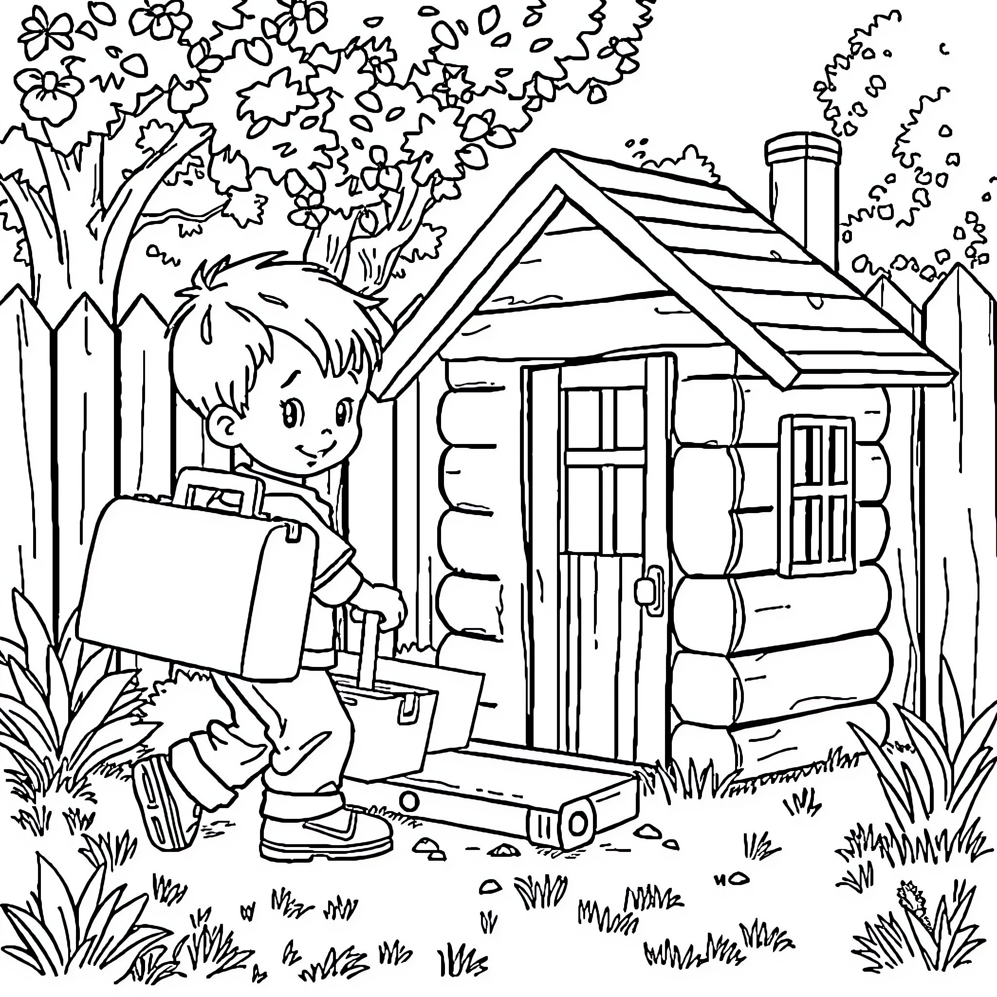 Boy playing happily outside his cabin home Coloring Page (free black-and-white line drawing printable PDF for all, from beginners to advanced learners, including children, teens, adults, and seniors)