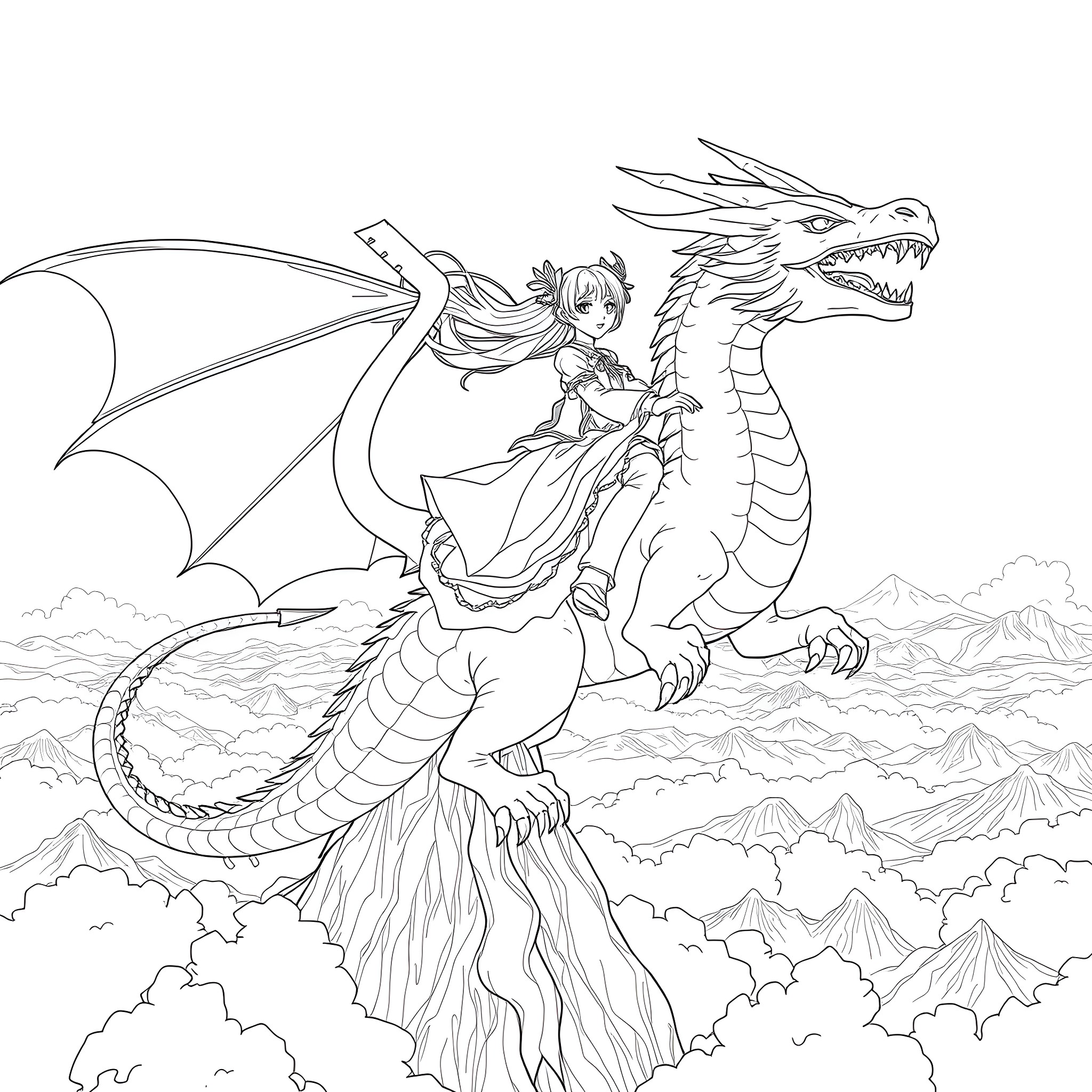 Miku Hatsune riding a majestic dragon in the clouds Coloring Page (free black-and-white line drawing printable PDF for all, from beginners to advanced learners, including children, teens, adults, and seniors)