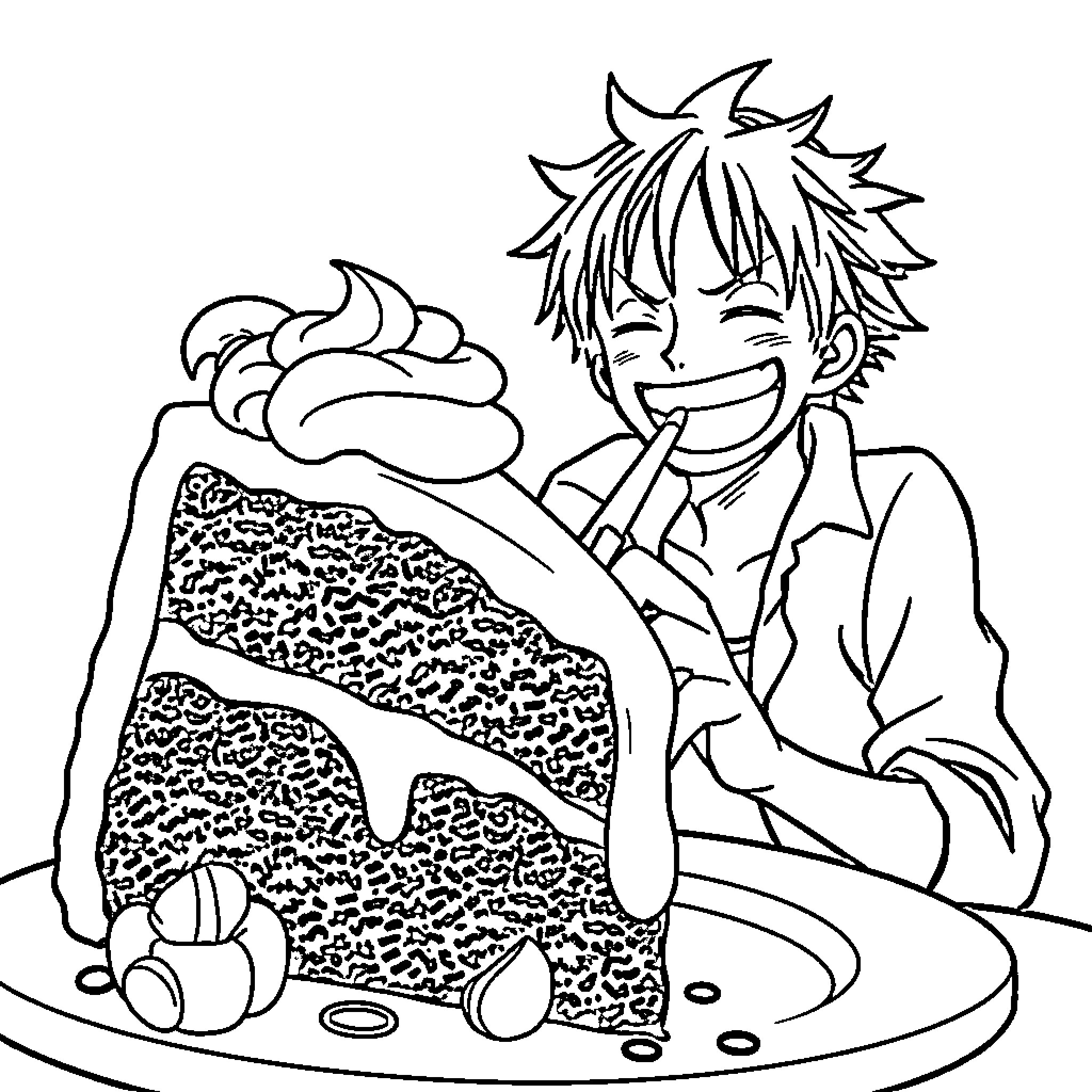Luffy enjoying a delectable dish Coloring Page (free black-and-white line drawing printable PDF for all, from beginners to advanced learners, including children, teens, adults, and seniors)