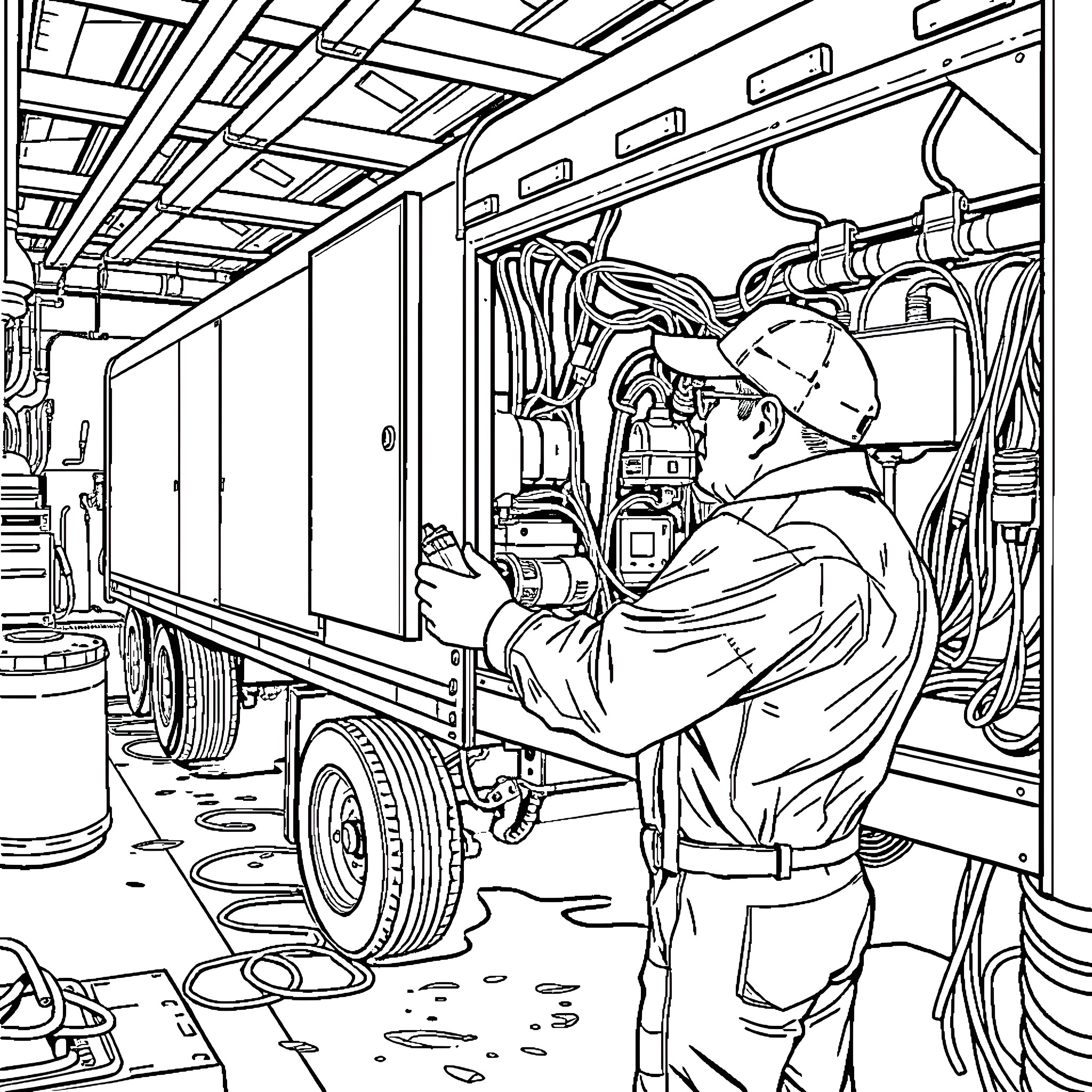 Mechanic Inspecting and Repairing Commercial Vehicle Coloring Page (free black-and-white line drawing printable PDF for all, from beginners to advanced learners, including children, teens, adults, and seniors)
