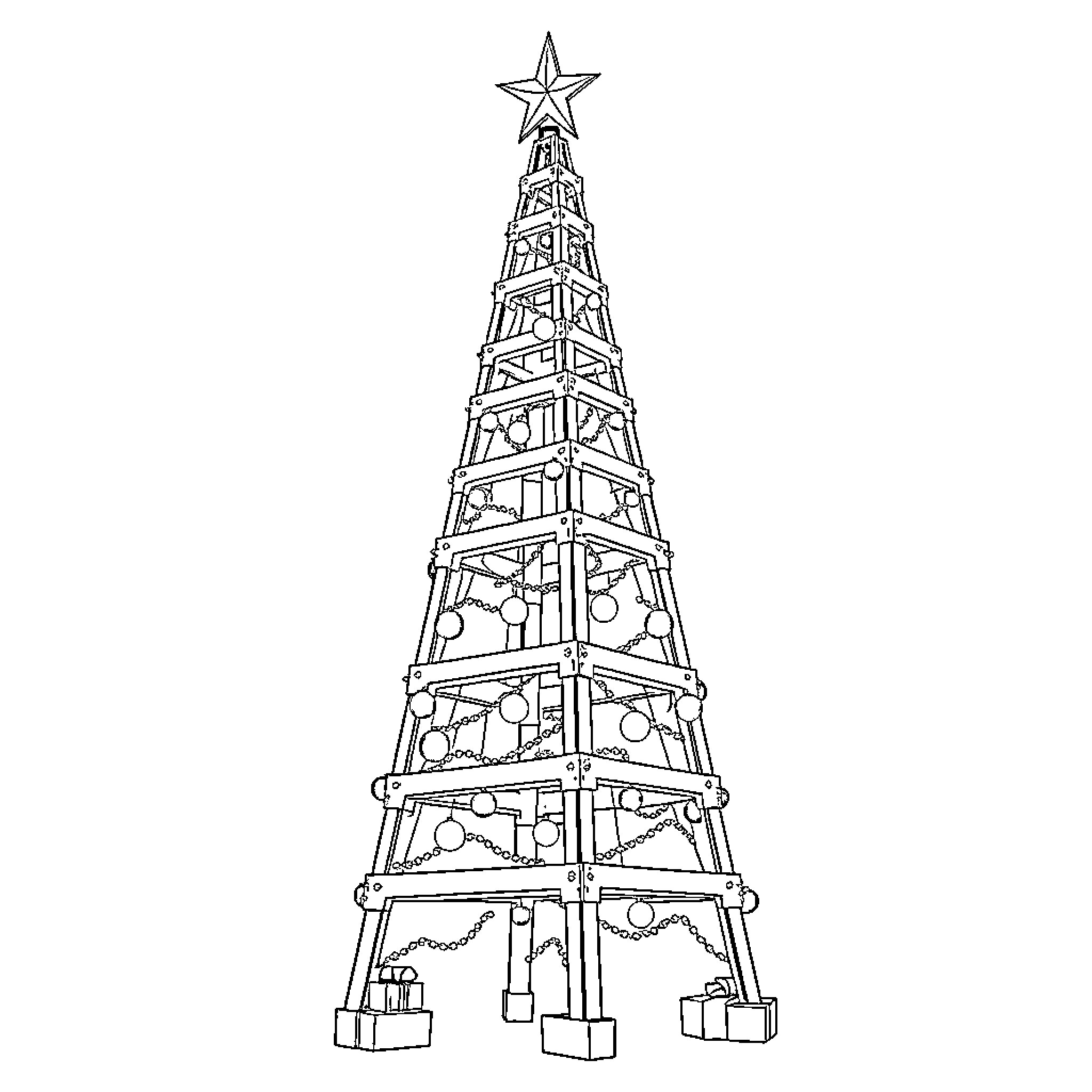Christmas Tree with Festive Decorations Coloring Page (free black-and-white line drawing printable PDF for all, from beginners to advanced learners, including children, teens, adults, and seniors)