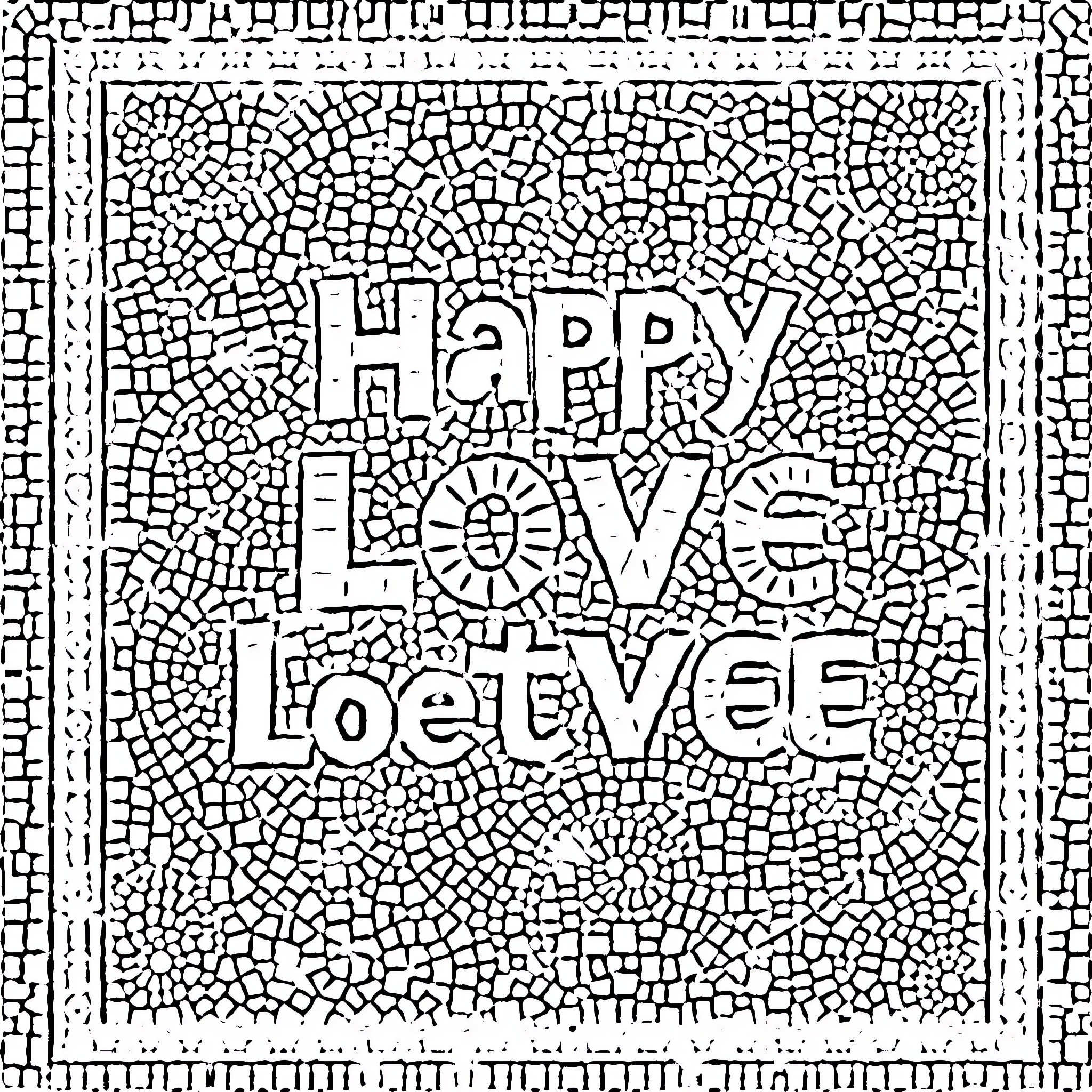 Mosaic of Happy Love Greetings Coloring Page (free black-and-white line drawing printable PDF for all, from beginners to advanced learners, including children, teens, adults, and seniors)