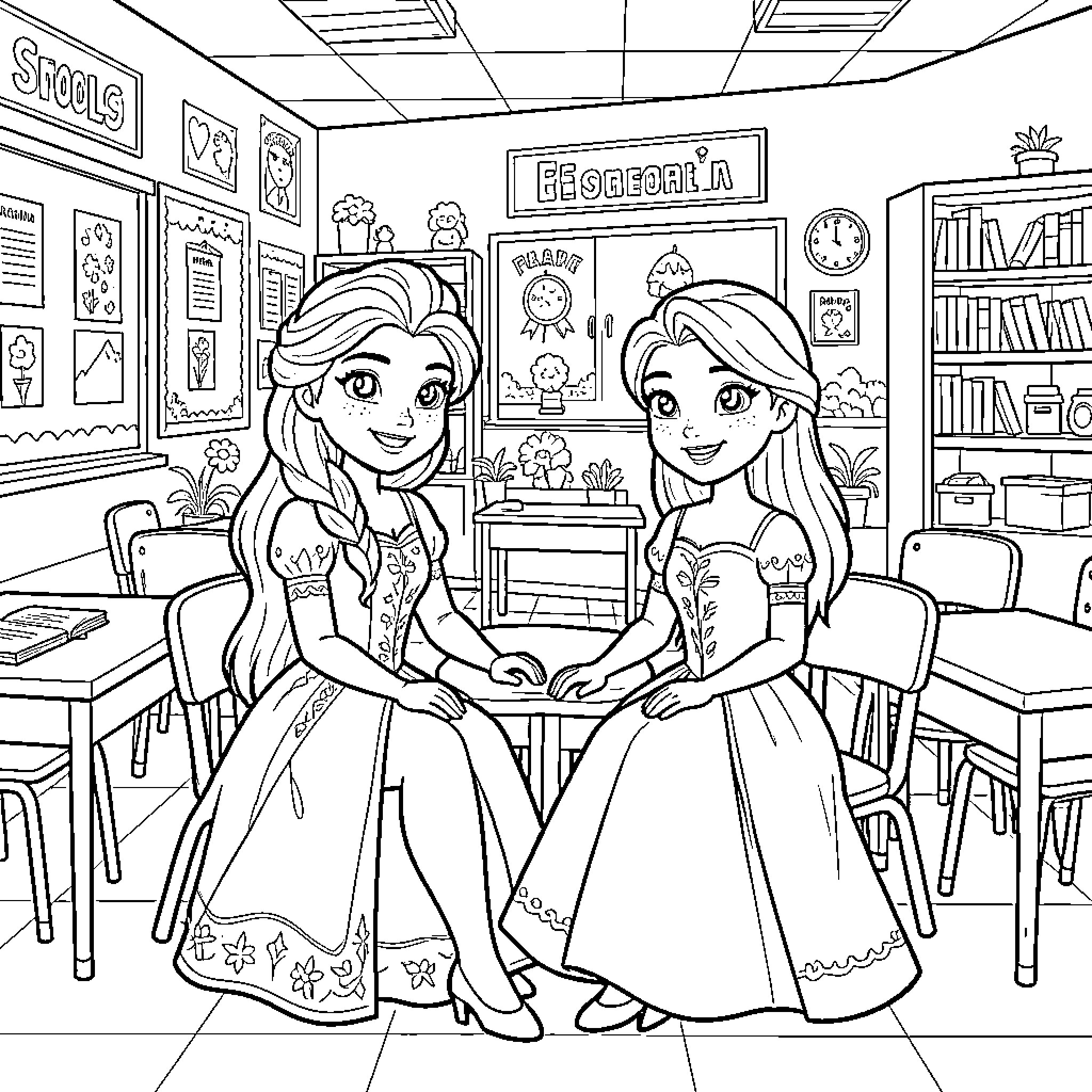 Elsa and Anna in a Classroom Setting Coloring Page (free black-and-white line drawing printable PDF for all, from beginners to advanced learners, including children, teens, adults, and seniors)