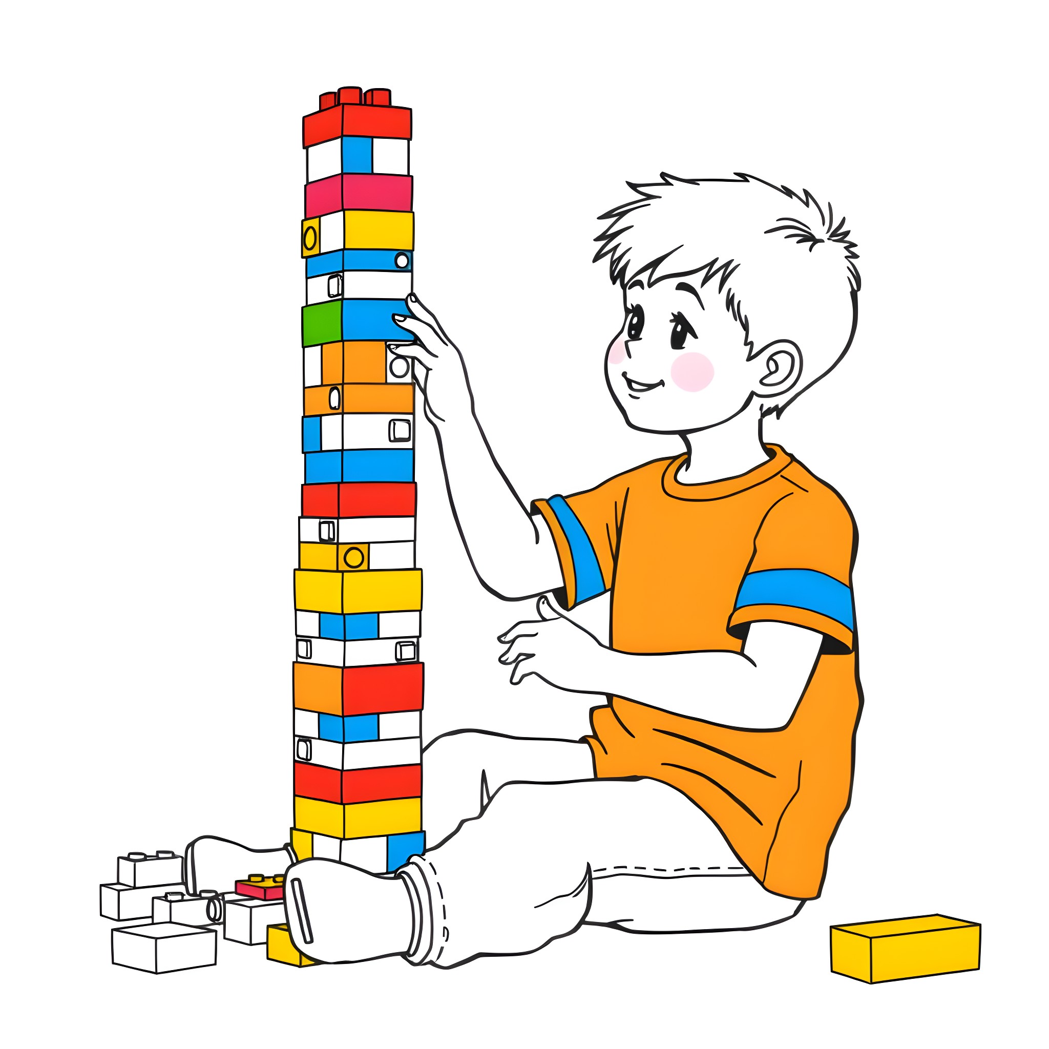 Boy playing with colorful building blocks Coloring Page (free black-and-white line drawing printable PDF for all, from beginners to advanced learners, including children, teens, adults, and seniors)