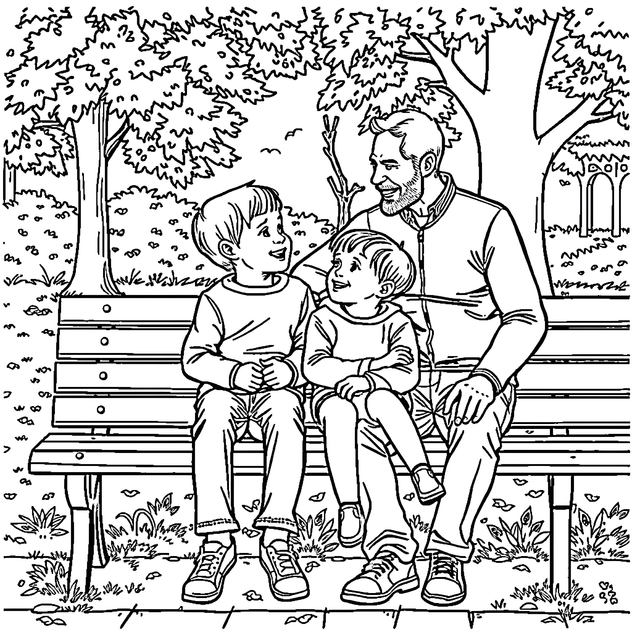 Father enjoying time with children in park Coloring Page (free black-and-white line drawing printable PDF for all, from beginners to advanced learners, including children, teens, adults, and seniors)