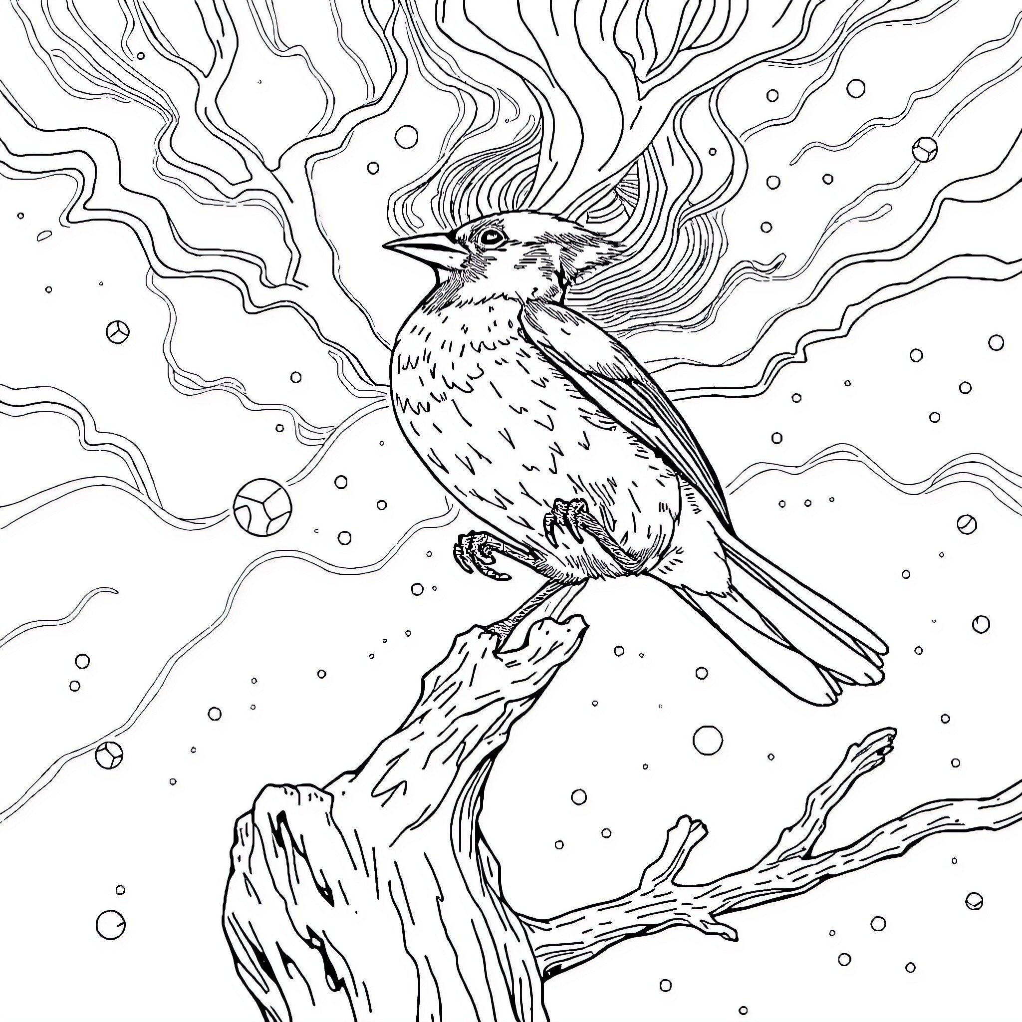 Jay's Wintry Songbird Perch Coloring Page (free black-and-white line drawing printable PDF for all, from beginners to advanced learners, including children, teens, adults, and seniors)