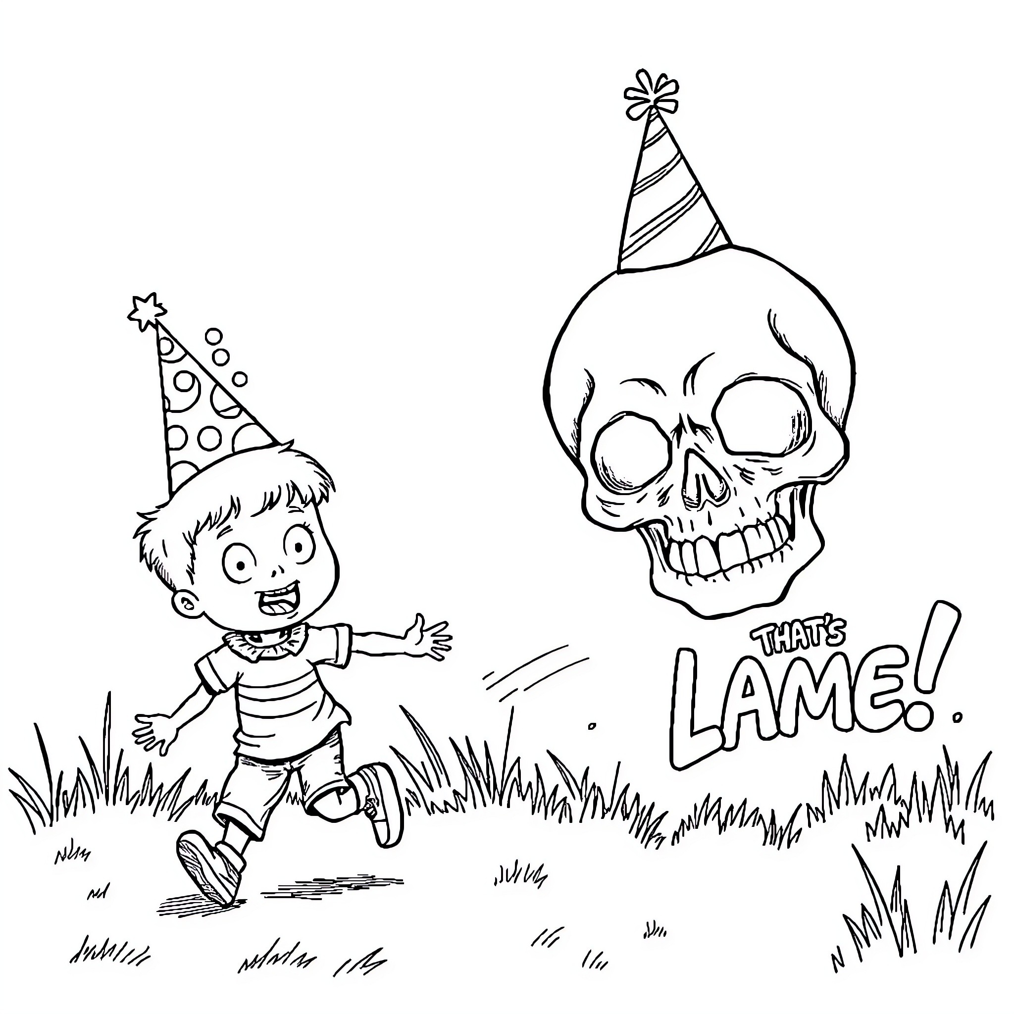 Skull celebrating with happy child in a field Coloring Page (free black-and-white line drawing printable PDF for all, from beginners to advanced learners, including children, teens, adults, and seniors)