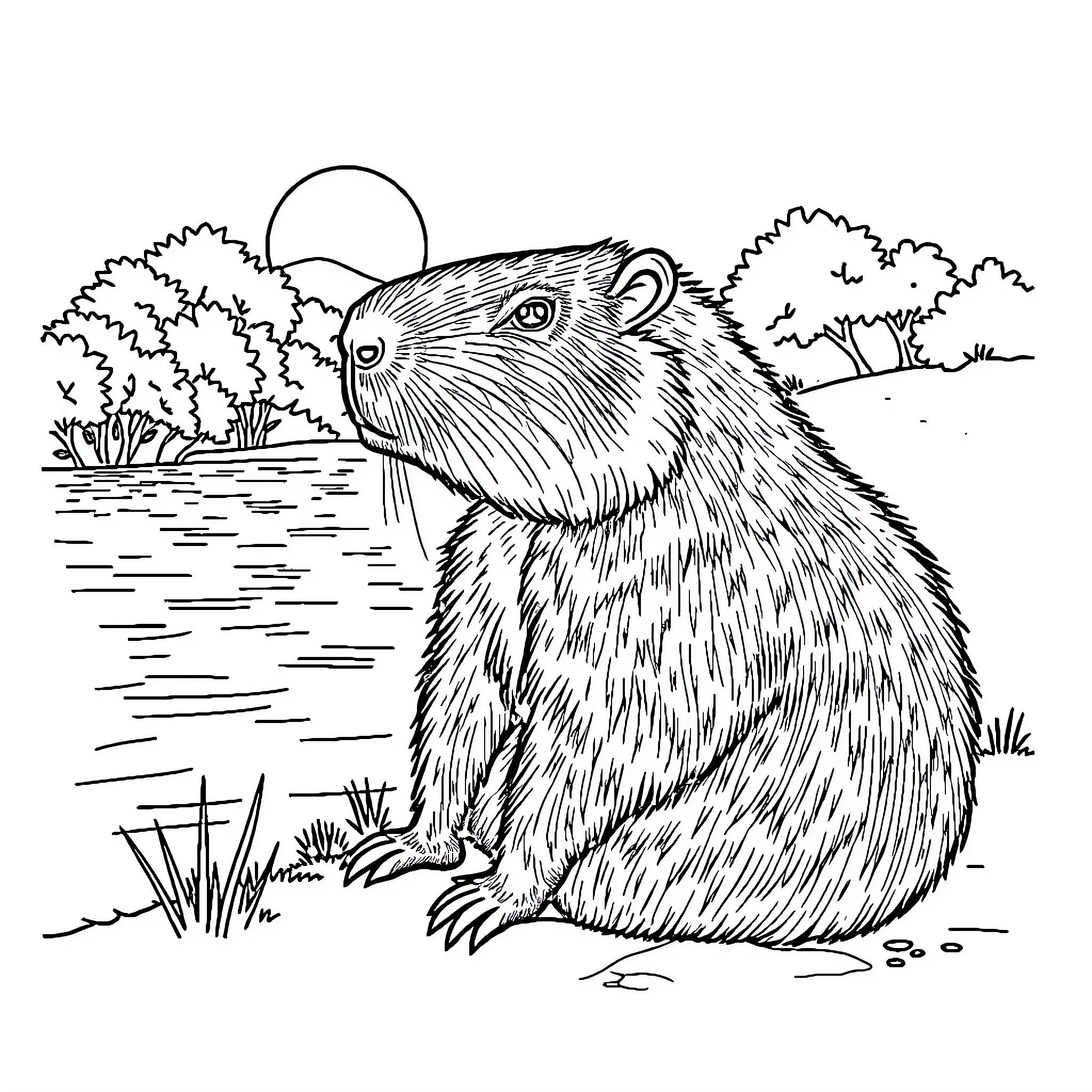 Capybara in a serene natural setting Coloring Page (free black-and-white line drawing printable PDF for all, from beginners to advanced learners, including children, teens, adults, and seniors)