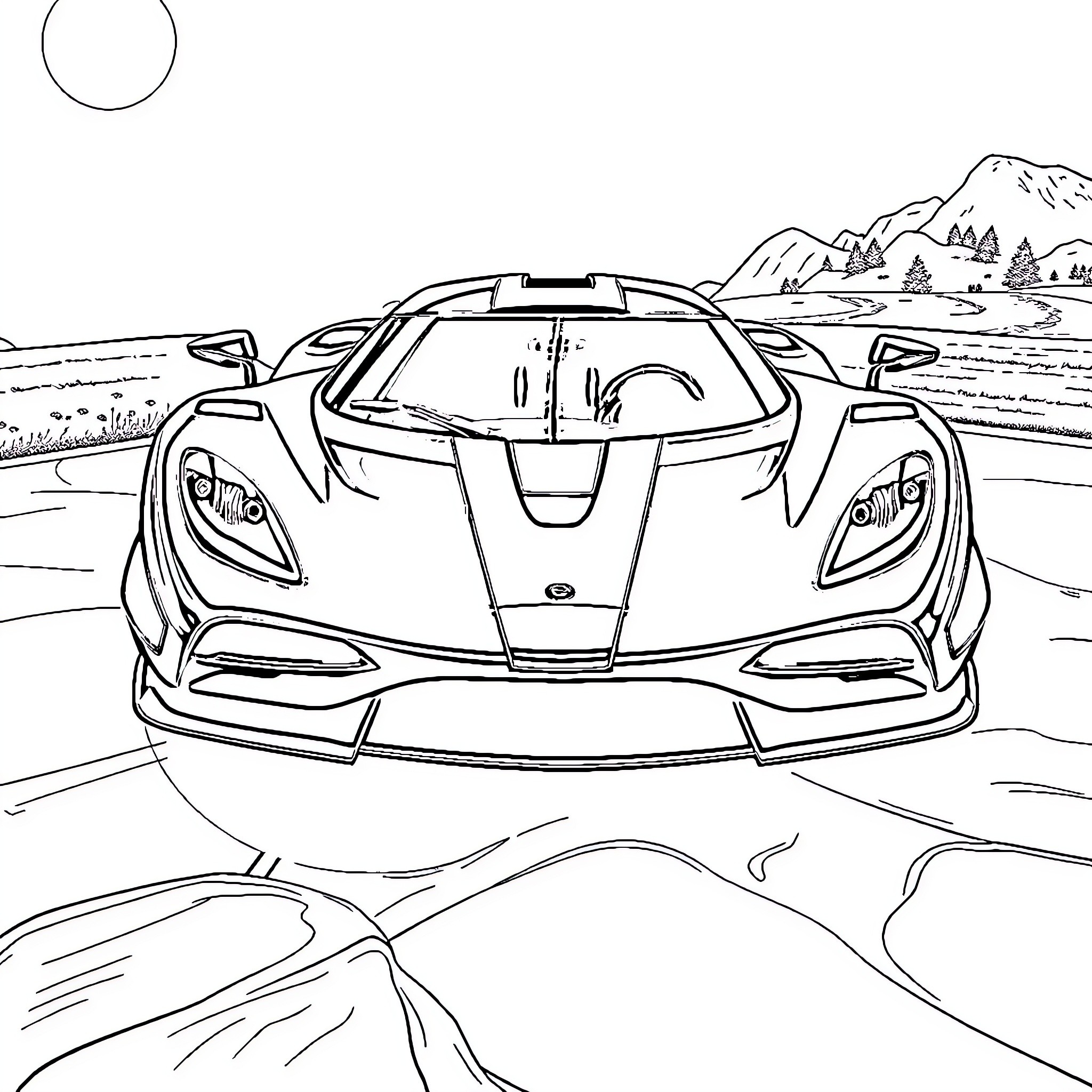 Koenigsegg Agera R speeding through a scenic landscape Coloring Page (free black-and-white line drawing printable PDF for all, from beginners to advanced learners, including children, teens, adults, and seniors)