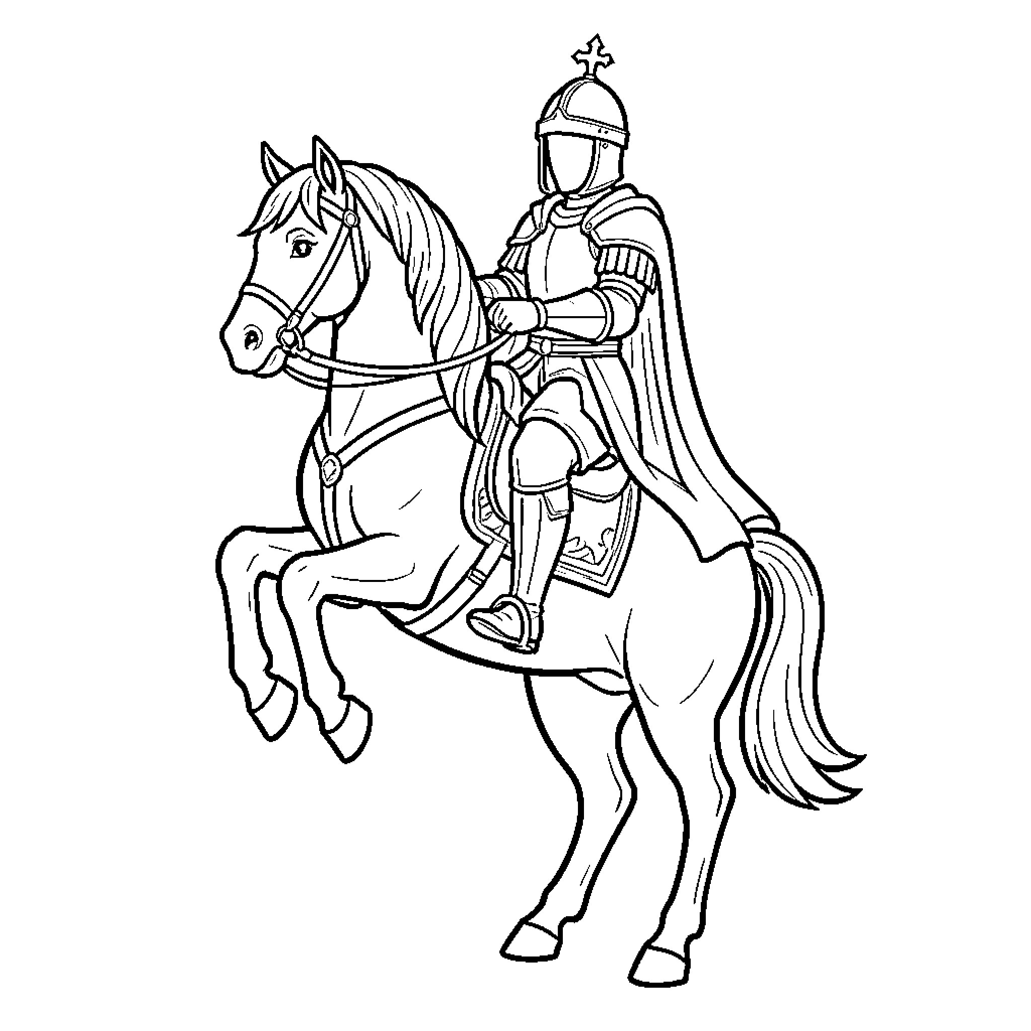 Horse being ridden by a brave knight Coloring Page (free black-and-white line drawing printable PDF for all, from beginners to advanced learners, including children, teens, adults, and seniors)
