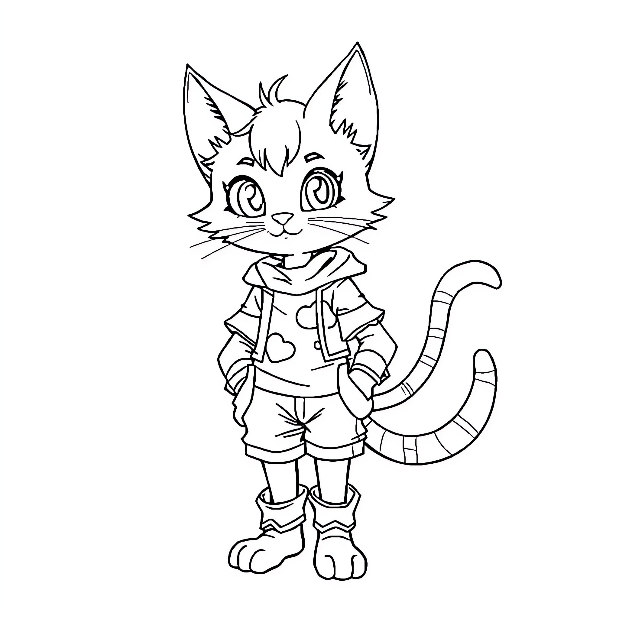Catboy in casual outfit with playful expression Coloring Page (free black-and-white line drawing printable PDF for all, from beginners to advanced learners, including children, teens, adults, and seniors)