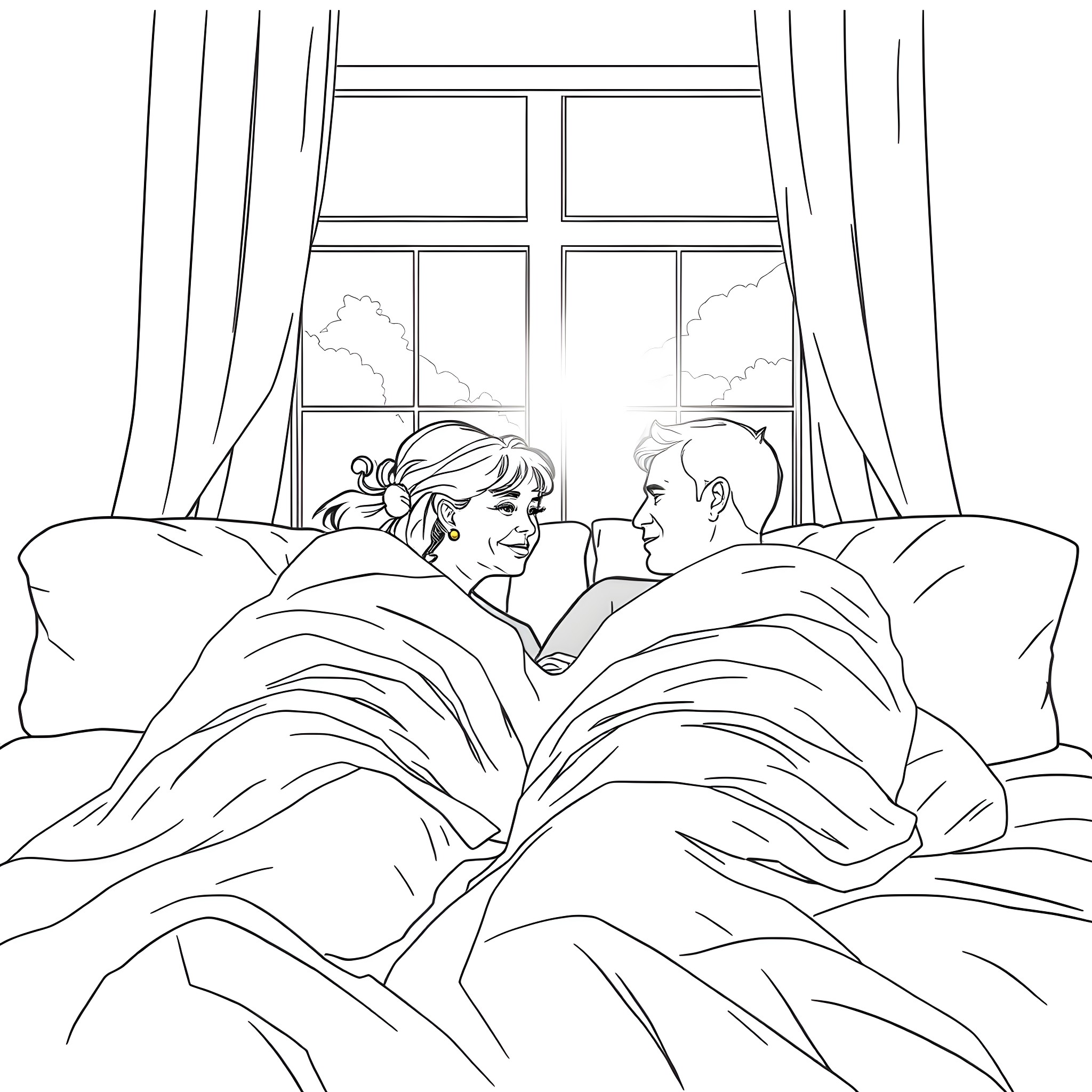 Marg and Louis share a cozy moment in bed Coloring Page (free black-and-white line drawing printable PDF for all, from beginners to advanced learners, including children, teens, adults, and seniors)