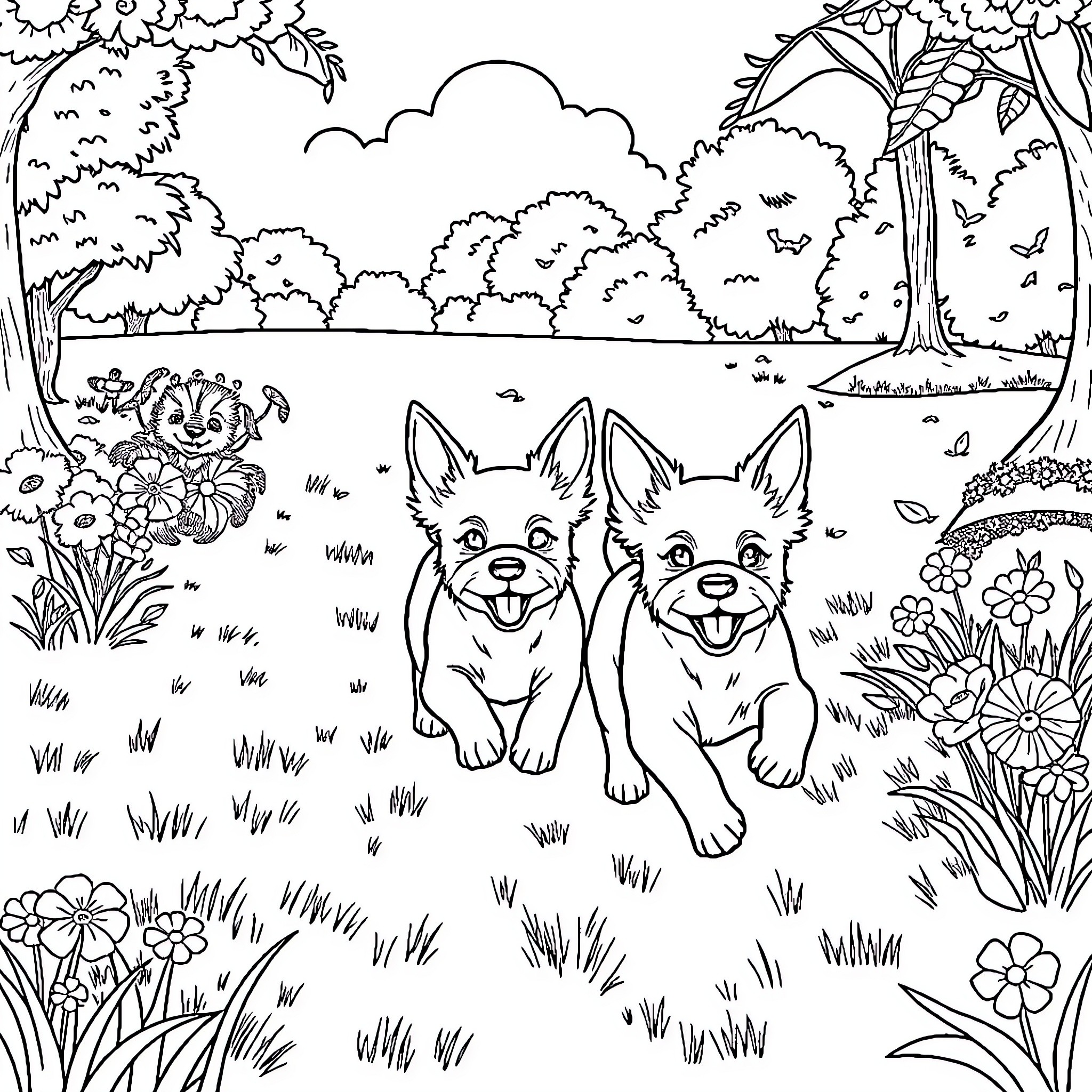 Dog friends playing happily in a peaceful forest Coloring Page (free black-and-white line drawing printable PDF for all, from beginners to advanced learners, including children, teens, adults, and seniors)