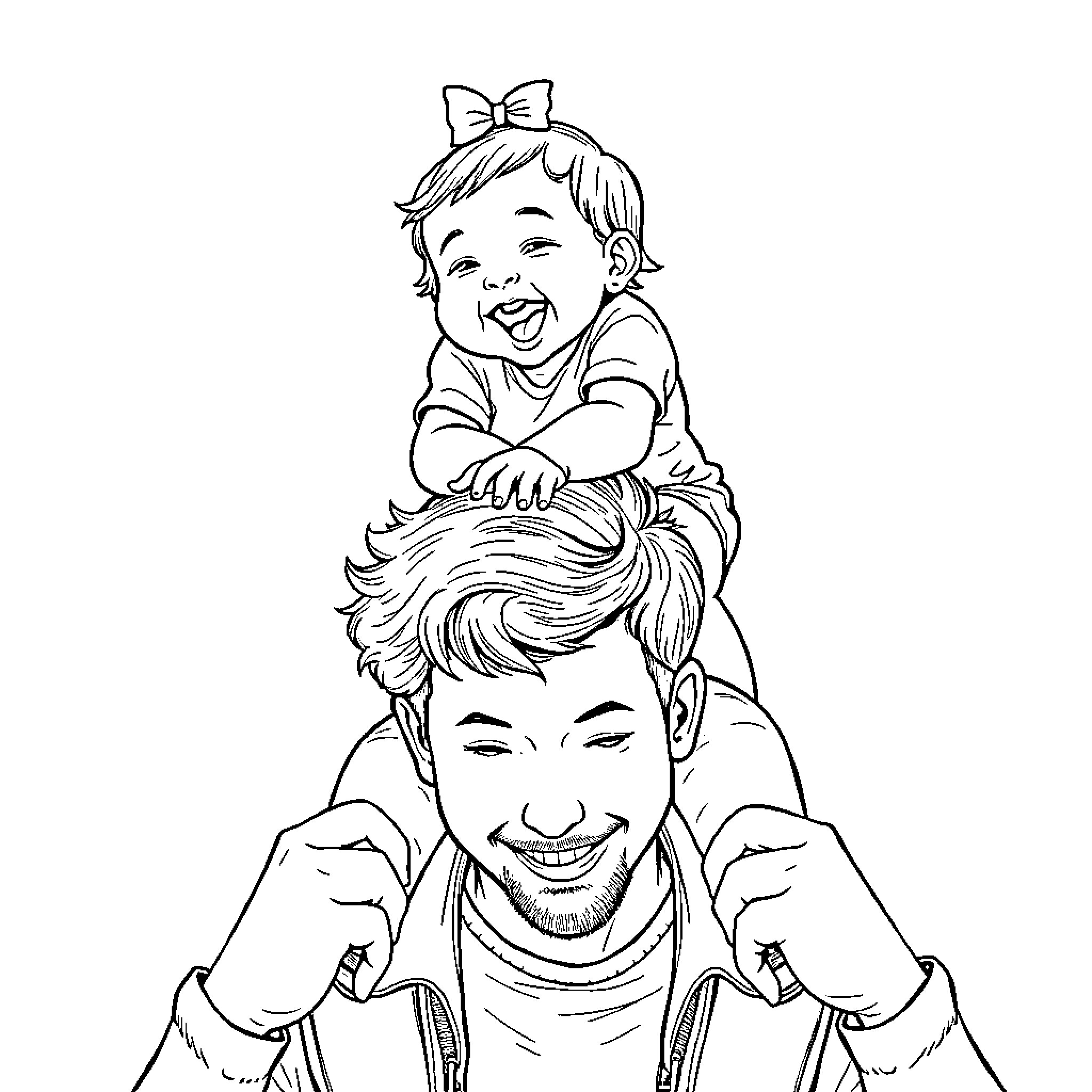 Baby giggling joyfully on parent's shoulders Coloring Page (free black-and-white line drawing printable PDF for all, from beginners to advanced learners, including children, teens, adults, and seniors)