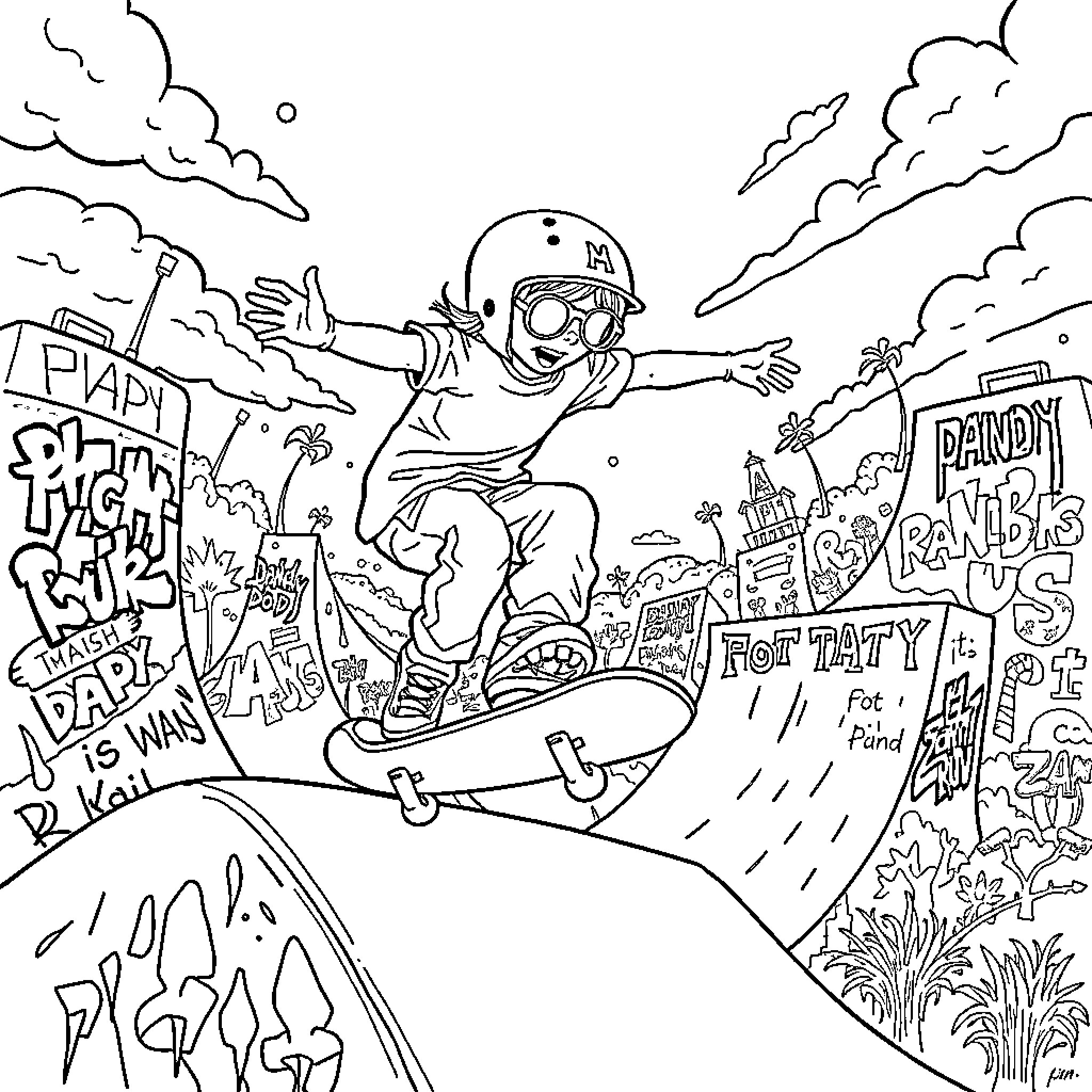 Dandy skateboarder reveling in a joyful scene Coloring Page (free black-and-white line drawing printable PDF for all, from beginners to advanced learners, including children, teens, adults, and seniors)