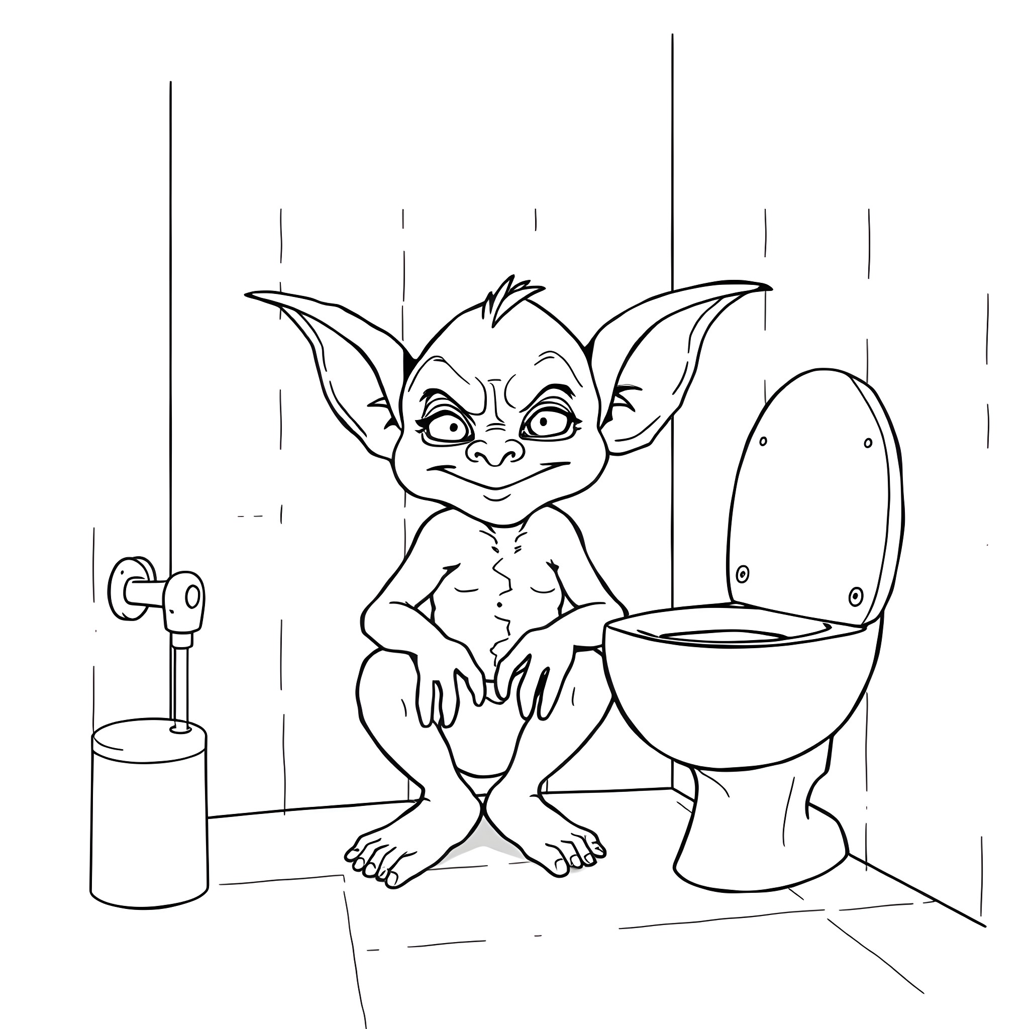 Goblin creature enjoying bathroom time Coloring Page (free black-and-white line drawing printable PDF for all, from beginners to advanced learners, including children, teens, adults, and seniors)