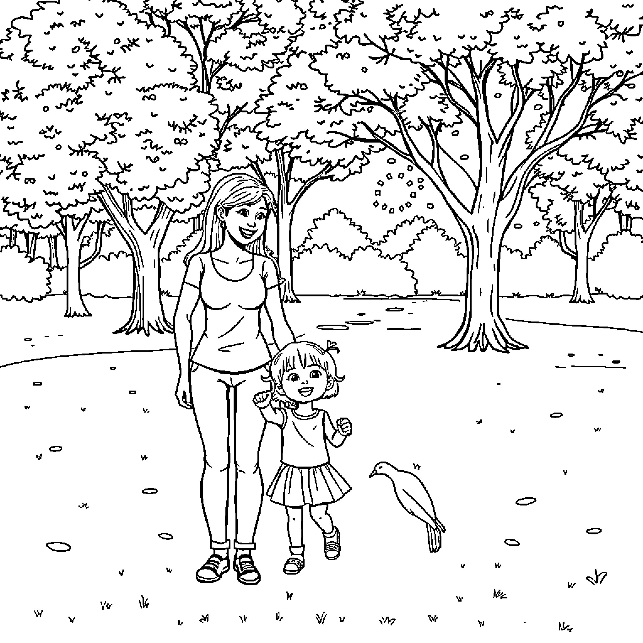 Kid and parent enjoying nature in the park Coloring Page (free black-and-white line drawing printable PDF for all, from beginners to advanced learners, including children, teens, adults, and seniors)