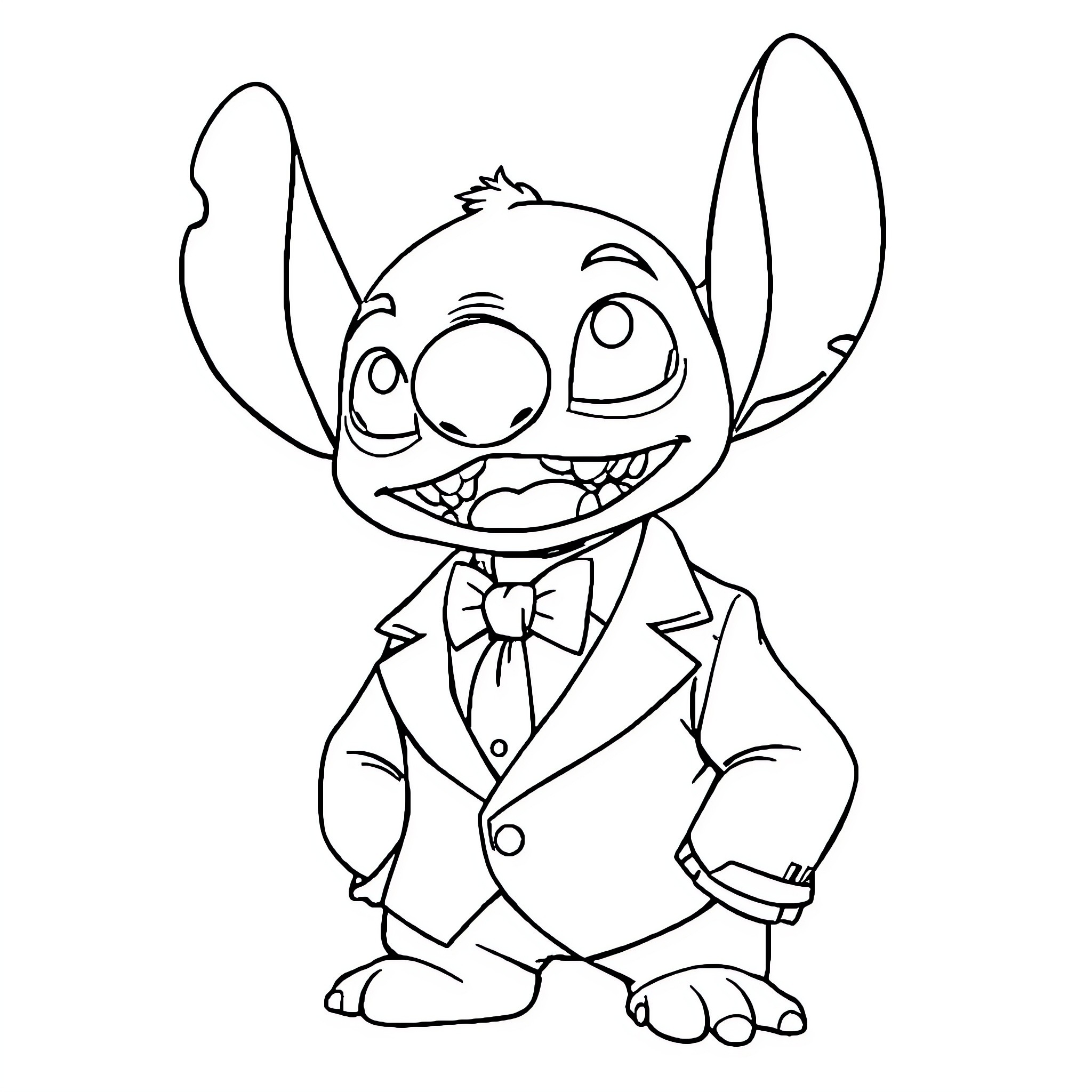 Stitch dresses up in a formal suit Coloring Page (free black-and-white line drawing printable PDF for all, from beginners to advanced learners, including children, teens, adults, and seniors)