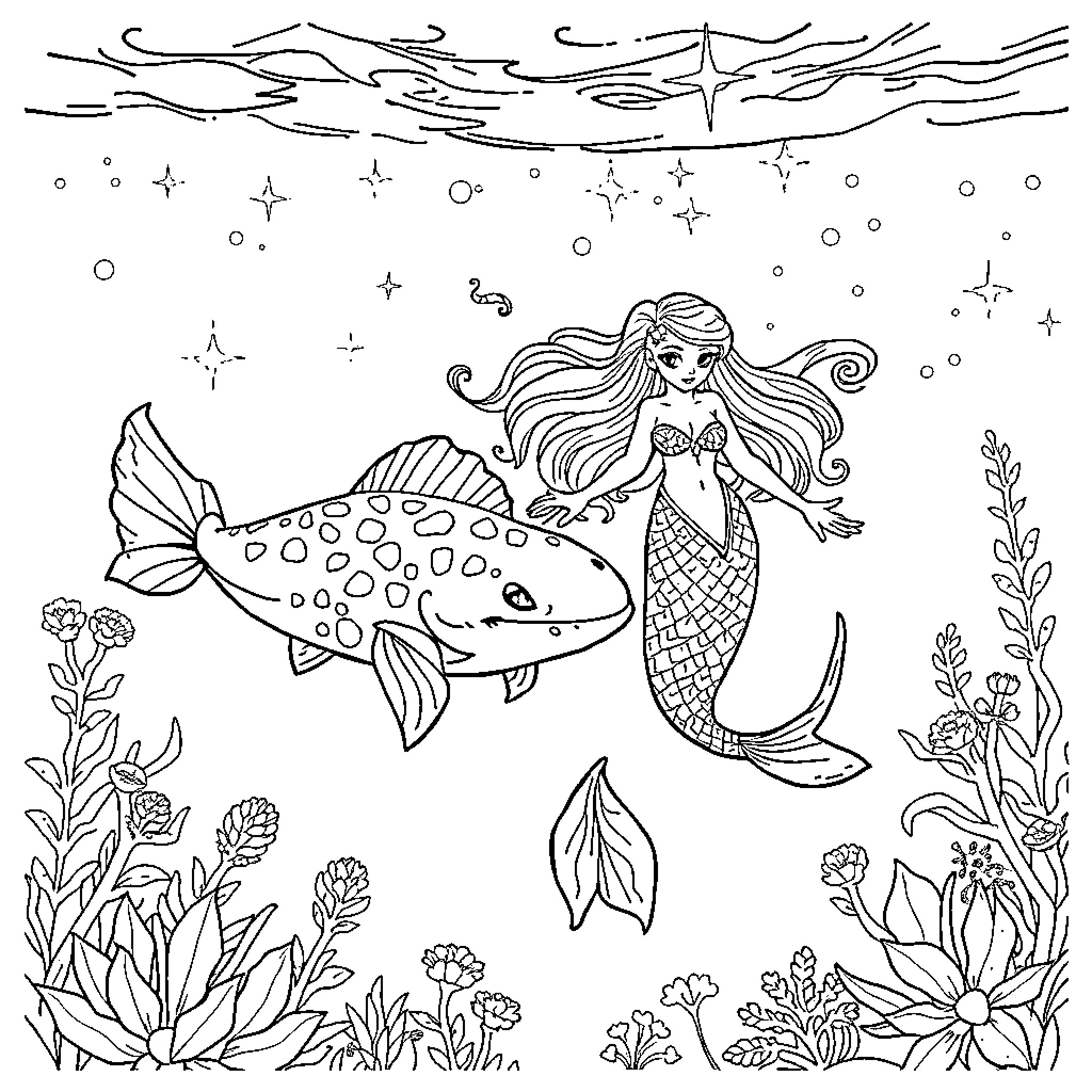 Axolotl and Mermaid swimming in the underwater world Coloring Page (free black-and-white line drawing printable PDF for all, from beginners to advanced learners, including children, teens, adults, and seniors)