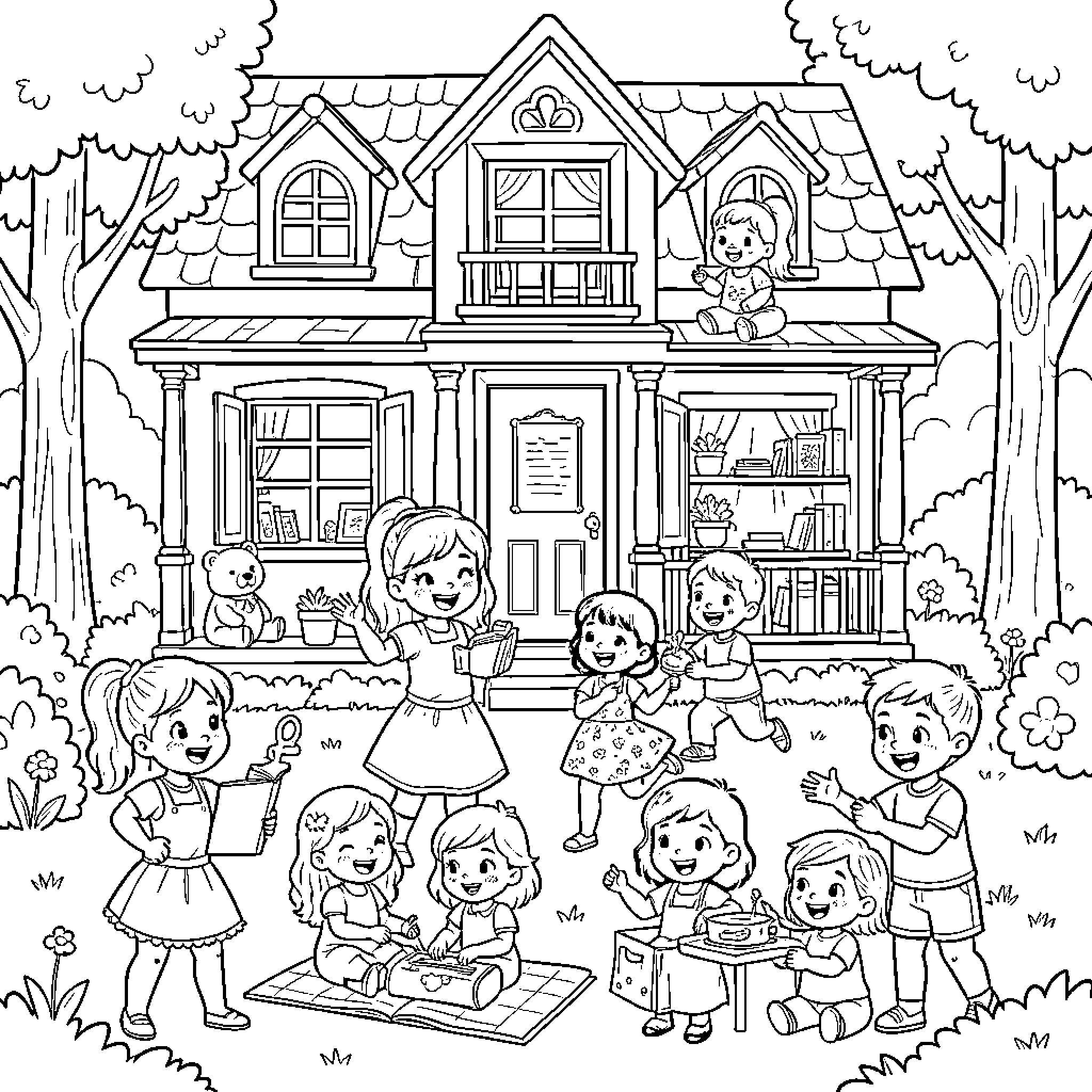 Gabby's Friendly Neighborhood Playtime Coloring Page (free black-and-white line drawing printable PDF for all, from beginners to advanced learners, including children, teens, adults, and seniors)