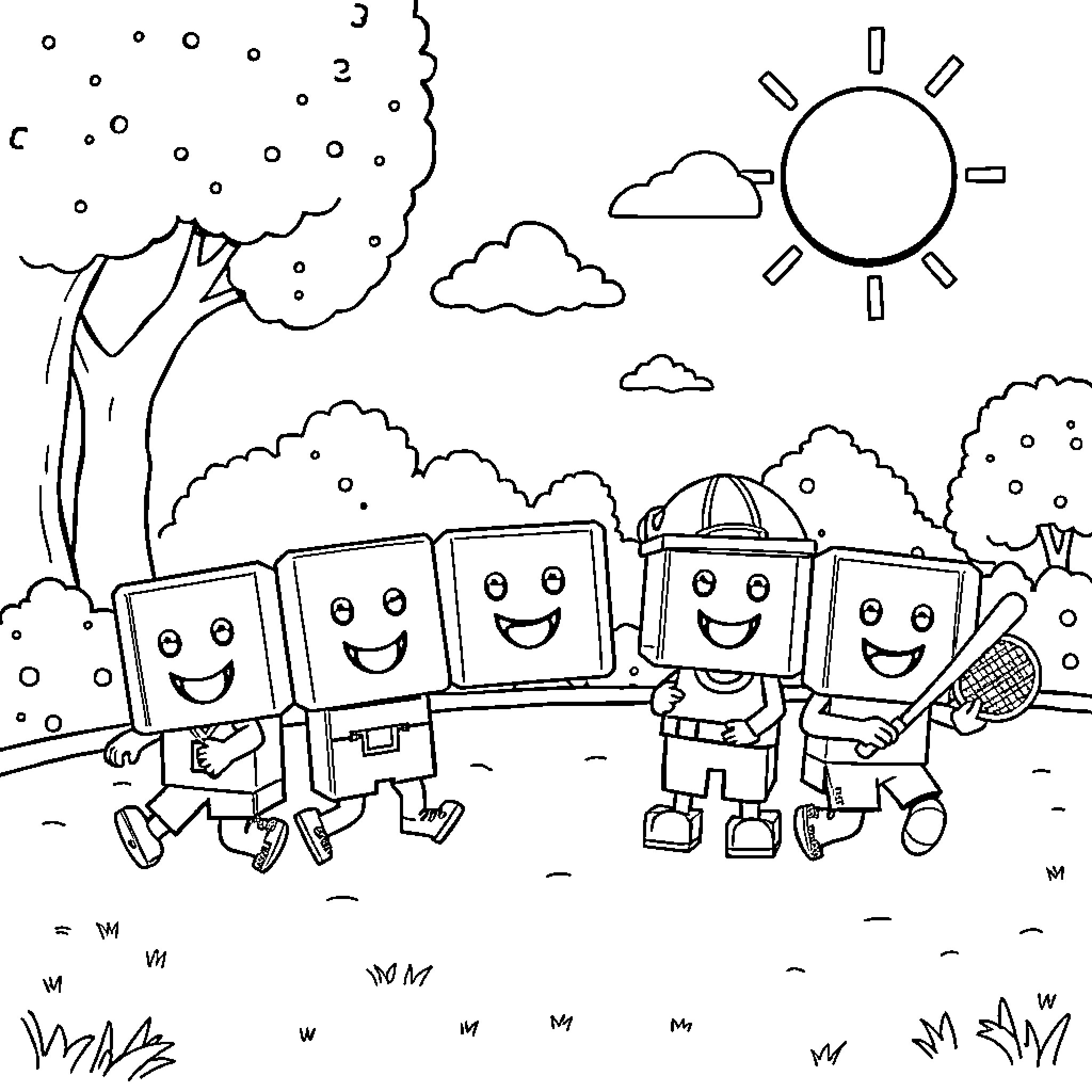 Block friends playing happily in the park Coloring Page (free black-and-white line drawing printable PDF for all, from beginners to advanced learners, including children, teens, adults, and seniors)