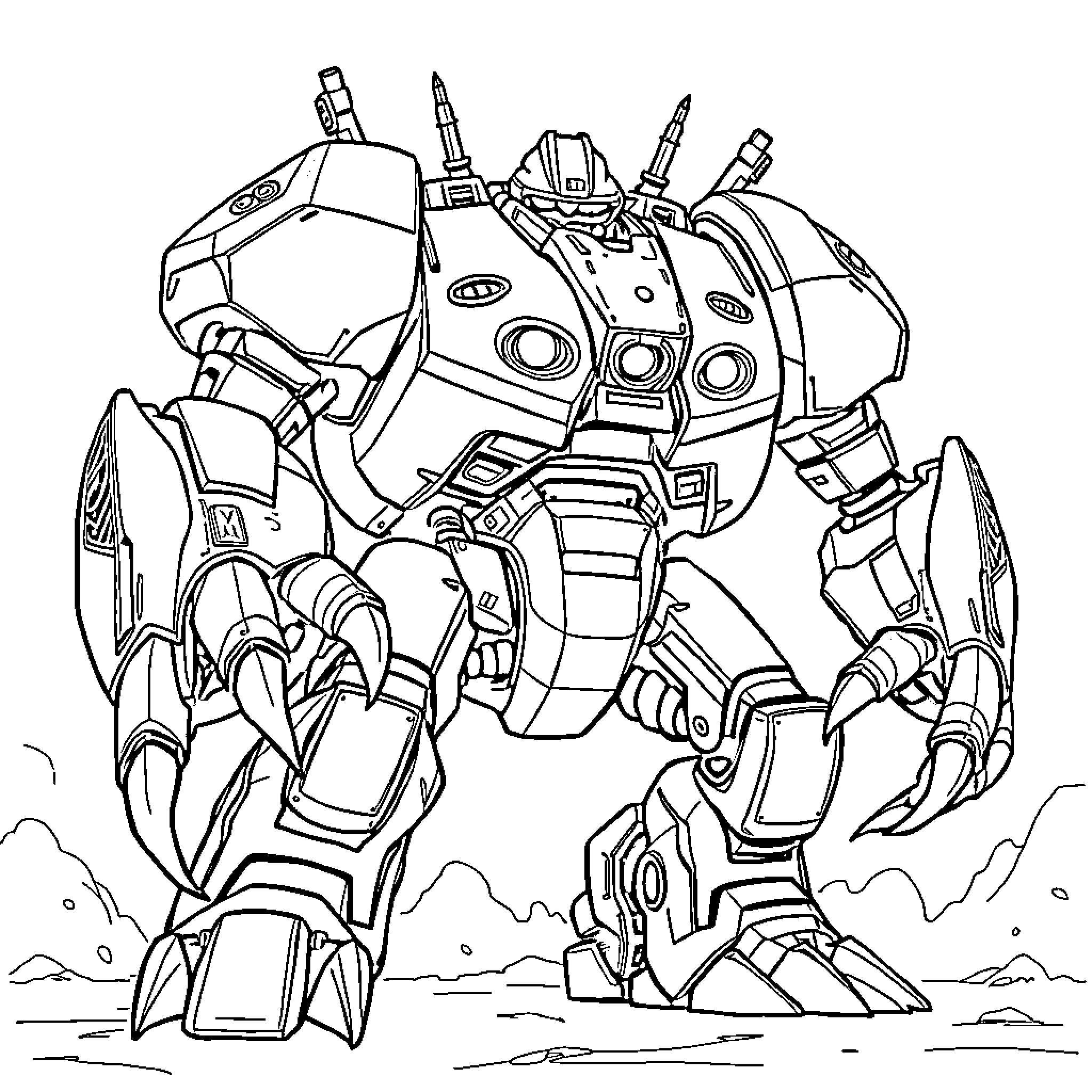 Omnidroid robot in action-packed combat stance Coloring Page (free black-and-white line drawing printable PDF for all, from beginners to advanced learners, including children, teens, adults, and seniors)