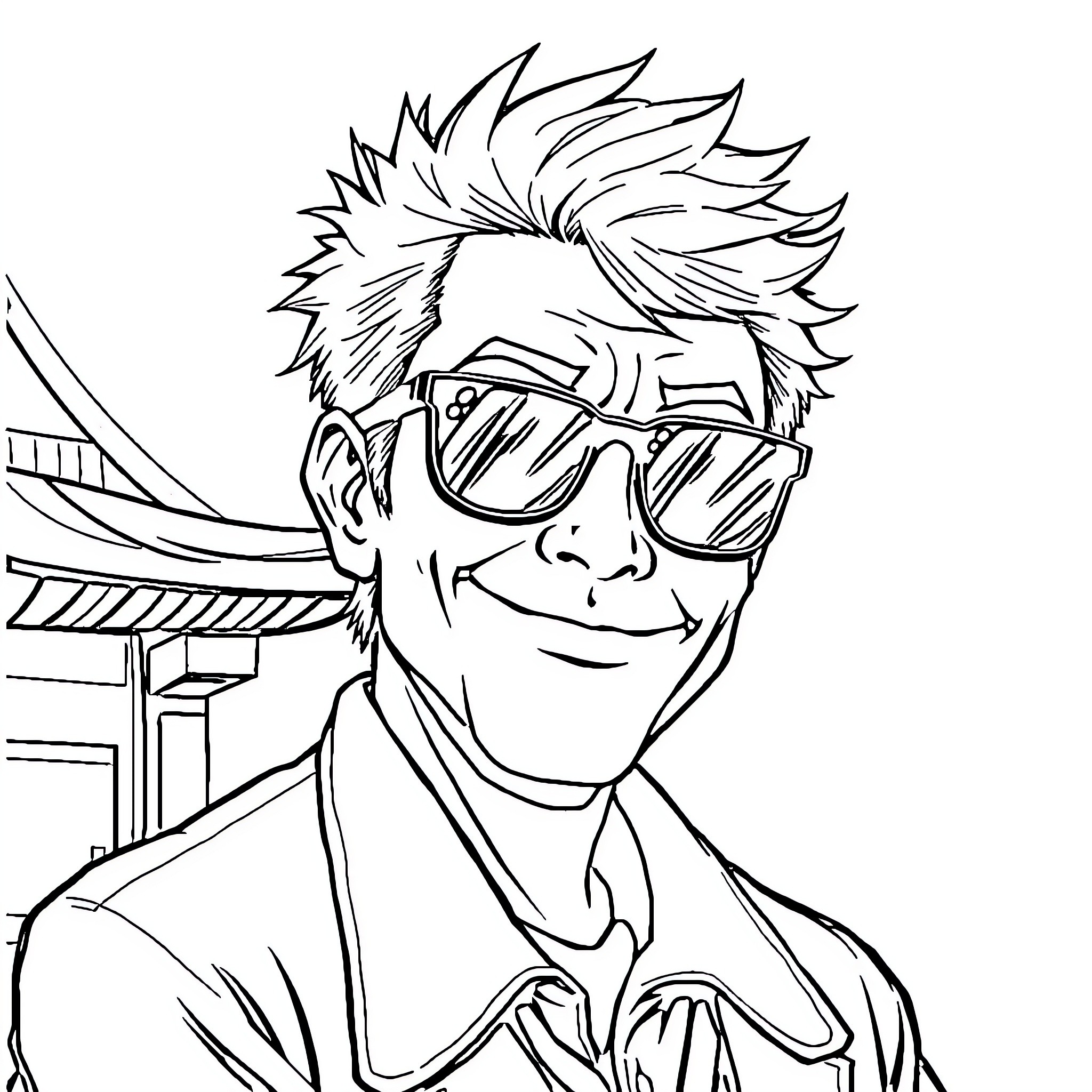 Satoru Gojo in casual attire with a carefree expression Coloring Page (free black-and-white line drawing printable PDF for all, from beginners to advanced learners, including children, teens, adults, and seniors)