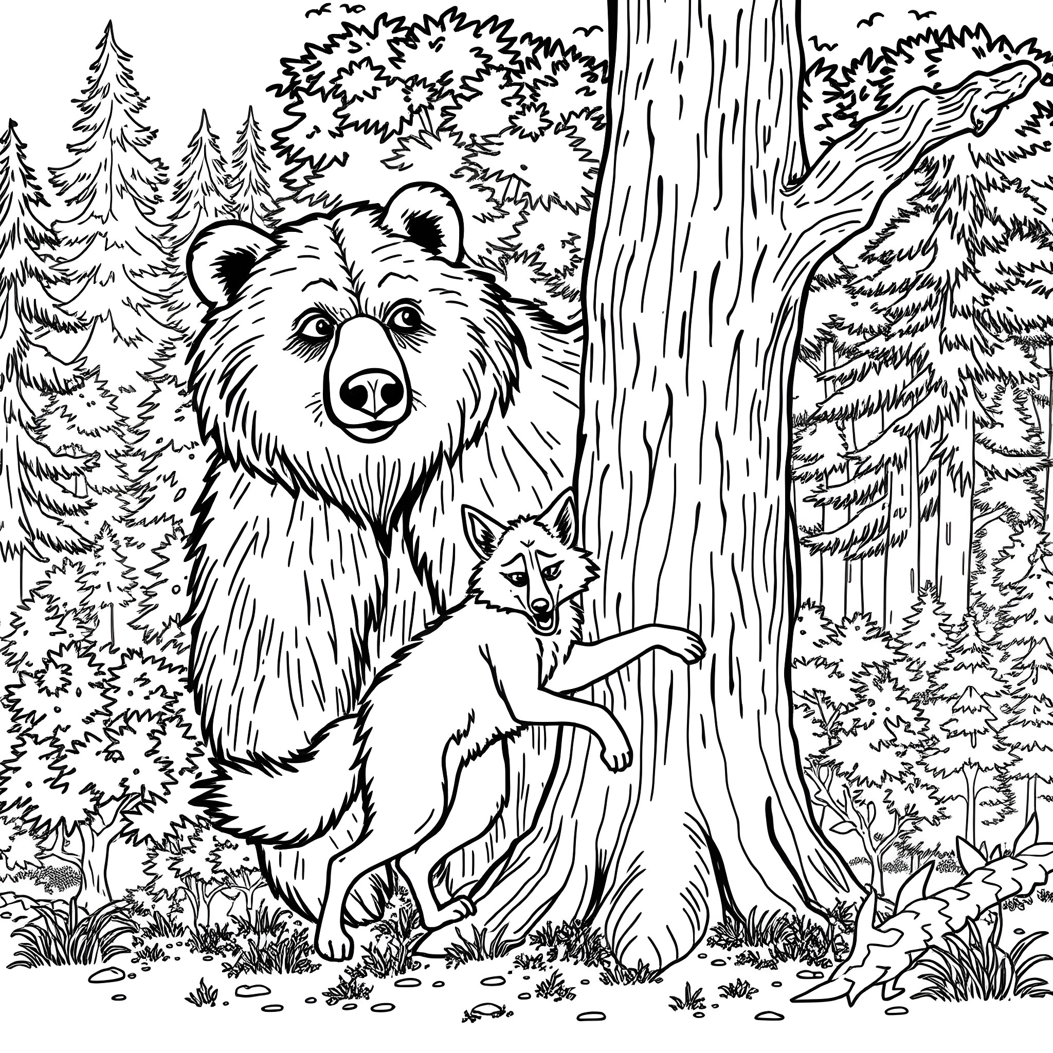 Coyote and bear in the forest Coloring Page (free black-and-white line drawing printable PDF for all, from beginners to advanced learners, including children, teens, adults, and seniors)