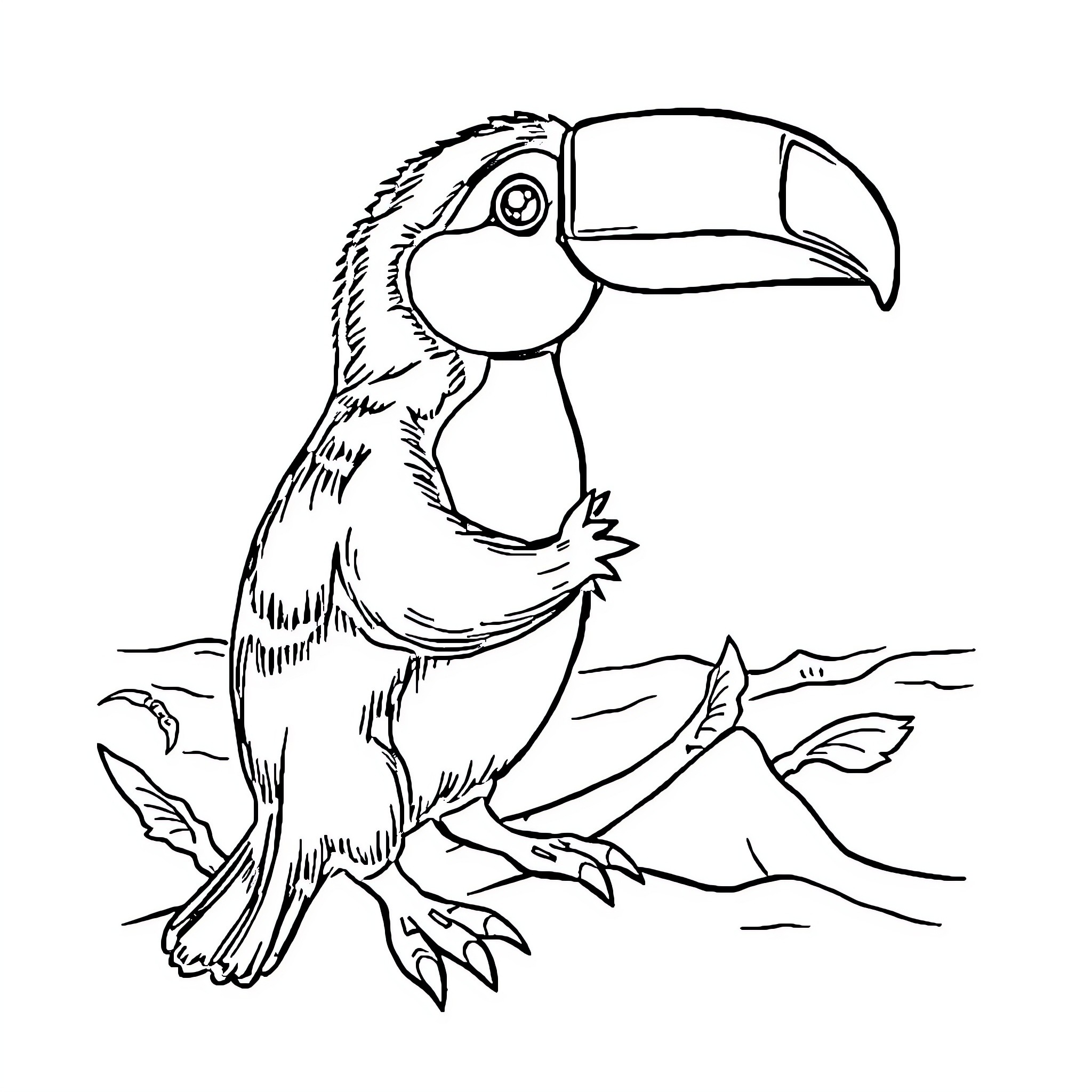 Worm Toucan posing in nature Coloring Page (free black-and-white line drawing printable PDF for all, from beginners to advanced learners, including children, teens, adults, and seniors)