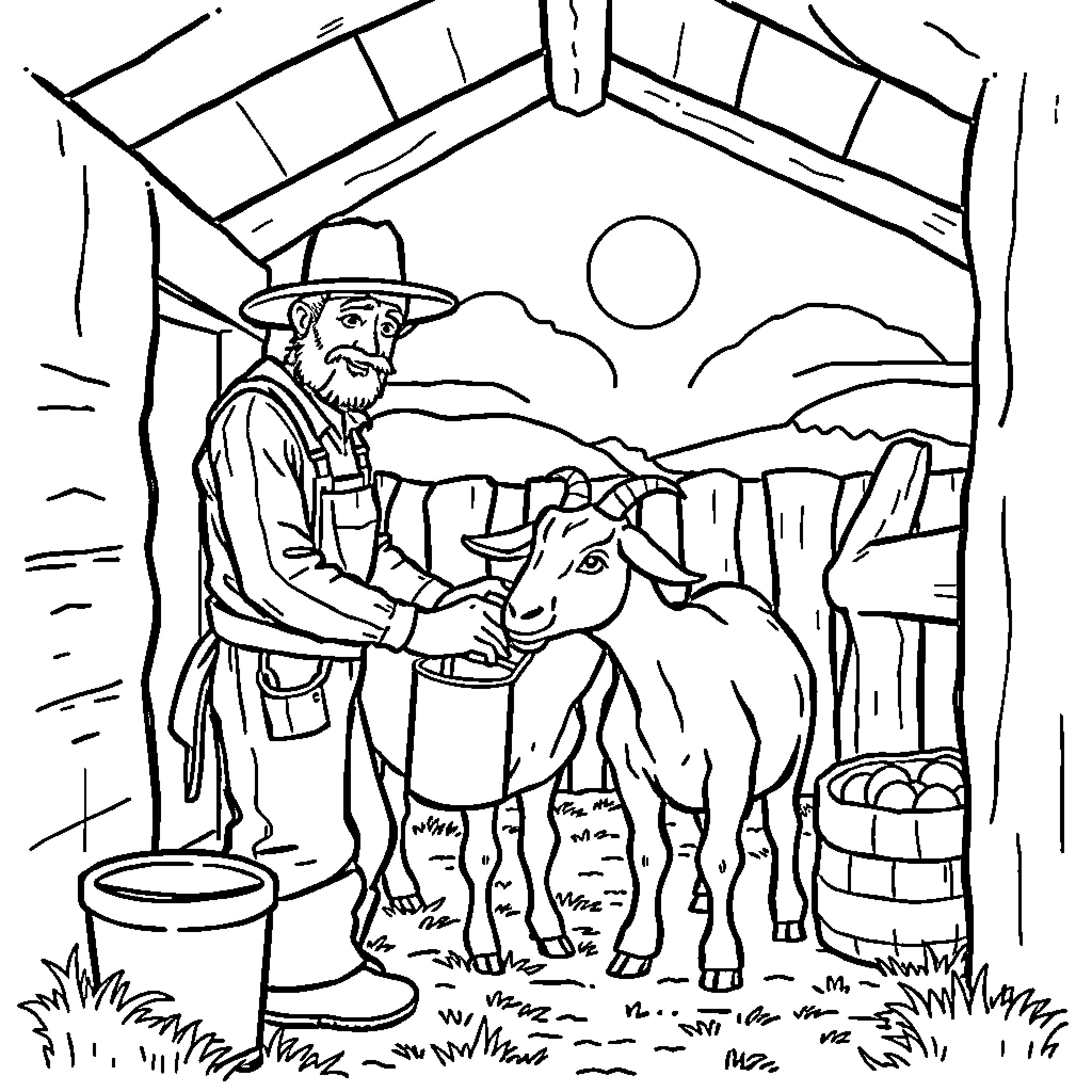 Goat farmer tending to his goat in the barn Coloring Page (free black-and-white line drawing printable PDF for all, from beginners to advanced learners, including children, teens, adults, and seniors)