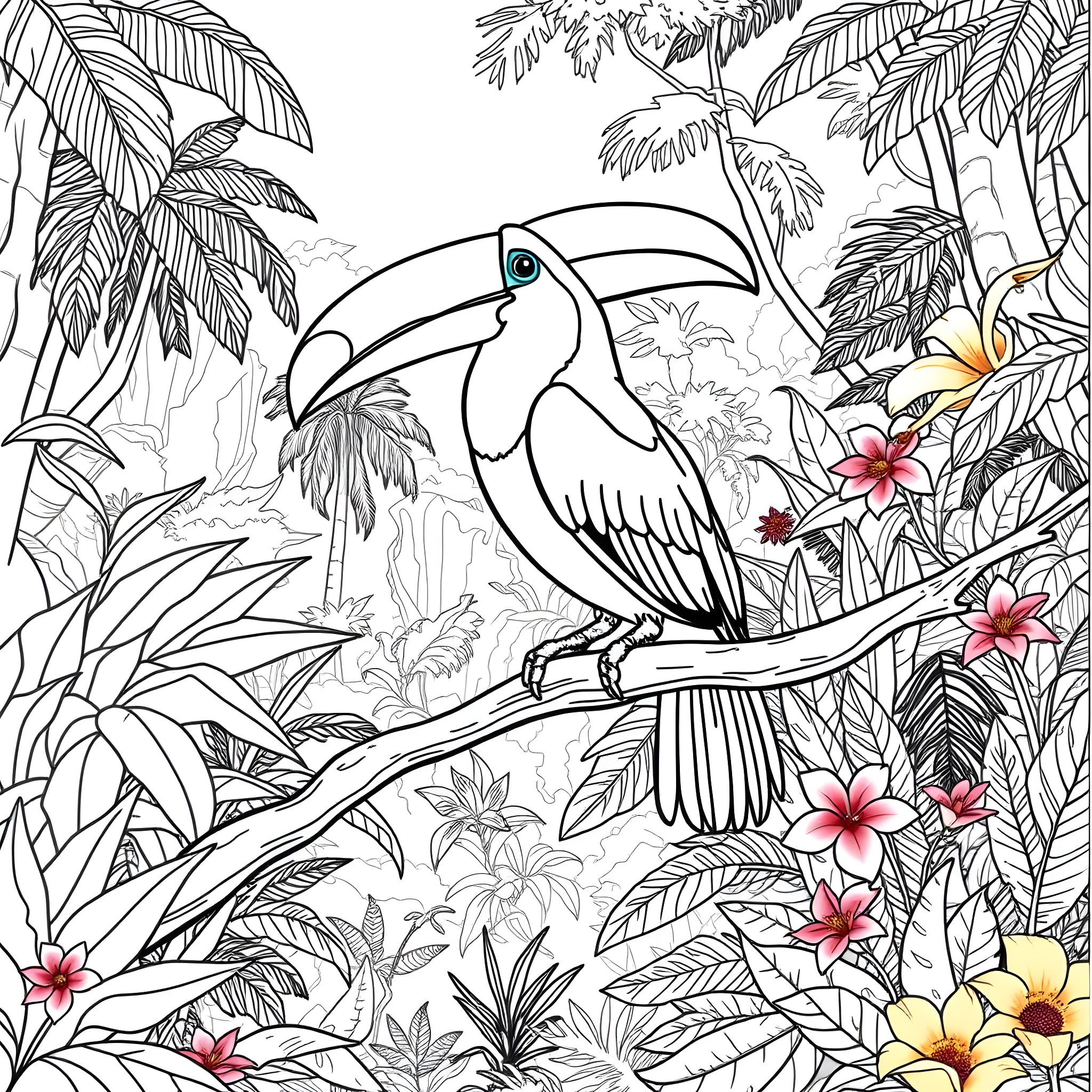 Toucan perched in a tropical forest Coloring Page (free black-and-white line drawing printable PDF for all, from beginners to advanced learners, including children, teens, adults, and seniors)