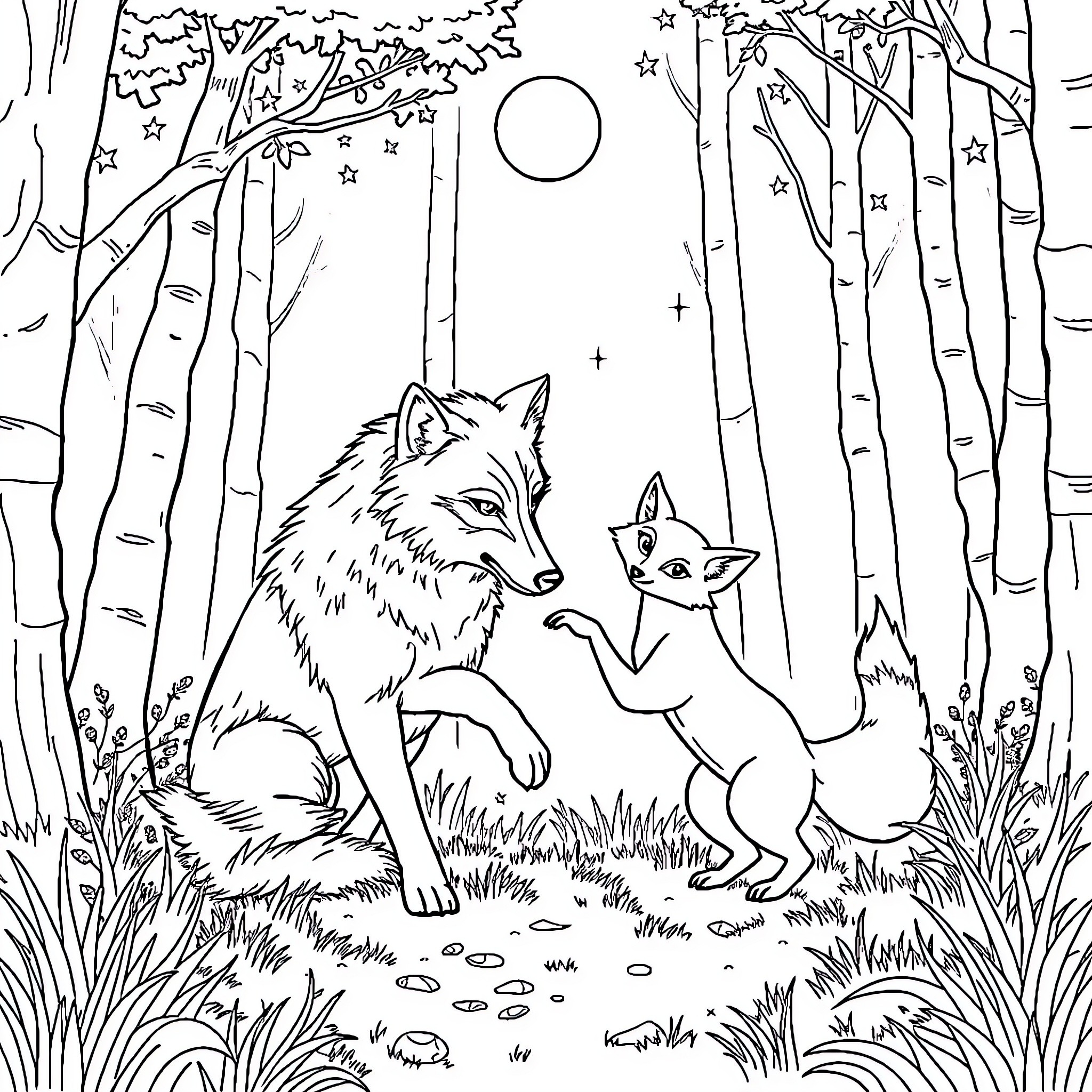 Wolf and fox playing in the moonlit forest Coloring Page (free black-and-white line drawing printable PDF for all, from beginners to advanced learners, including children, teens, adults, and seniors)