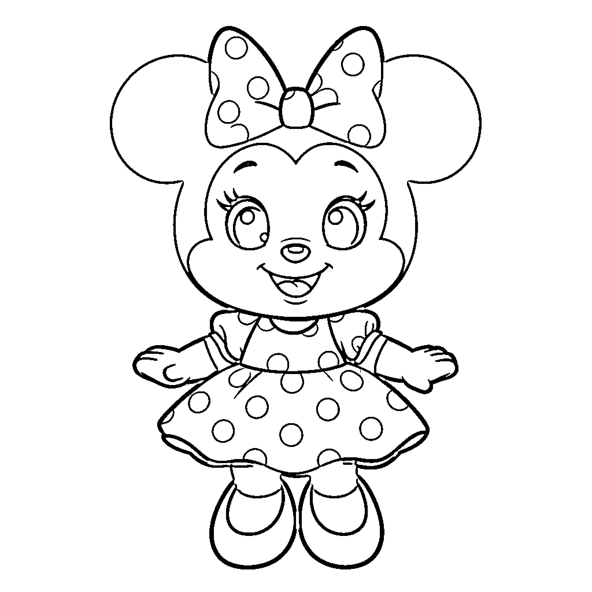 Minnie Mouse in a Playful Polka Dot Dress Coloring Page (free black-and-white line drawing printable PDF for all, from beginners to advanced learners, including children, teens, adults, and seniors)