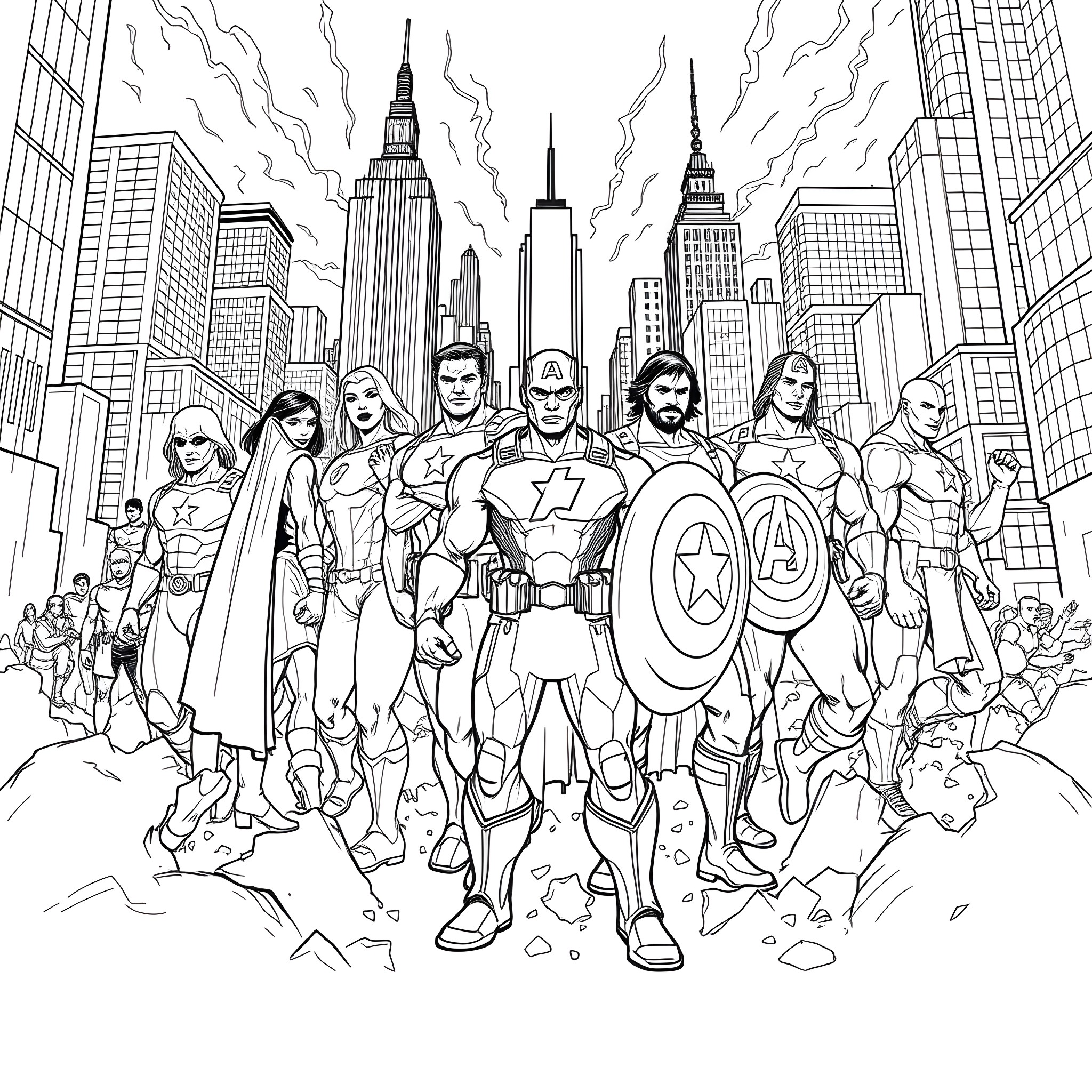 Avenger heroes defending the city from destruction Coloring Page (free black-and-white line drawing printable PDF for all, from beginners to advanced learners, including children, teens, adults, and seniors)