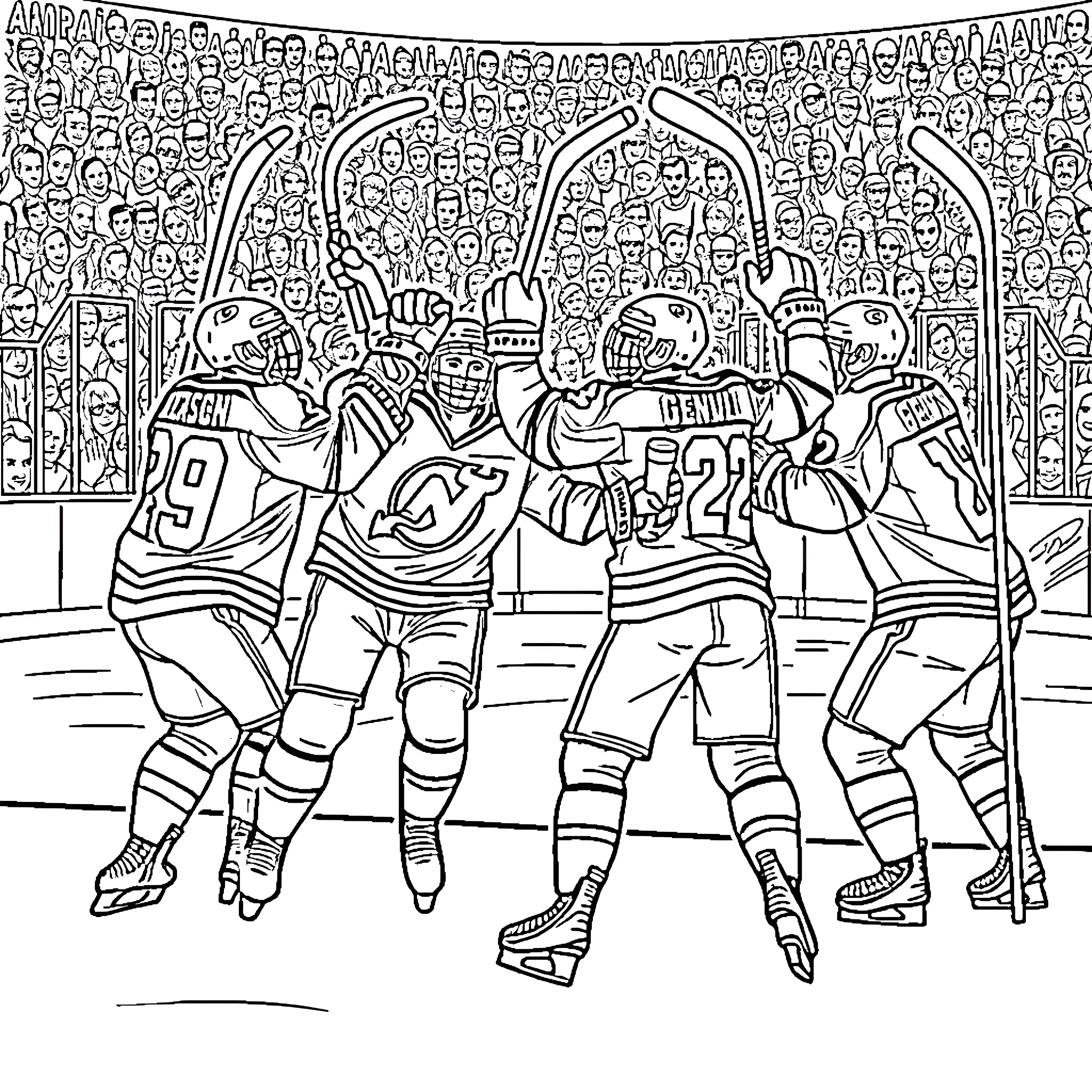 Devil's Hockey Match in Packed Rink Coloring Page (free black-and-white line drawing printable PDF for all, from beginners to advanced learners, including children, teens, adults, and seniors)